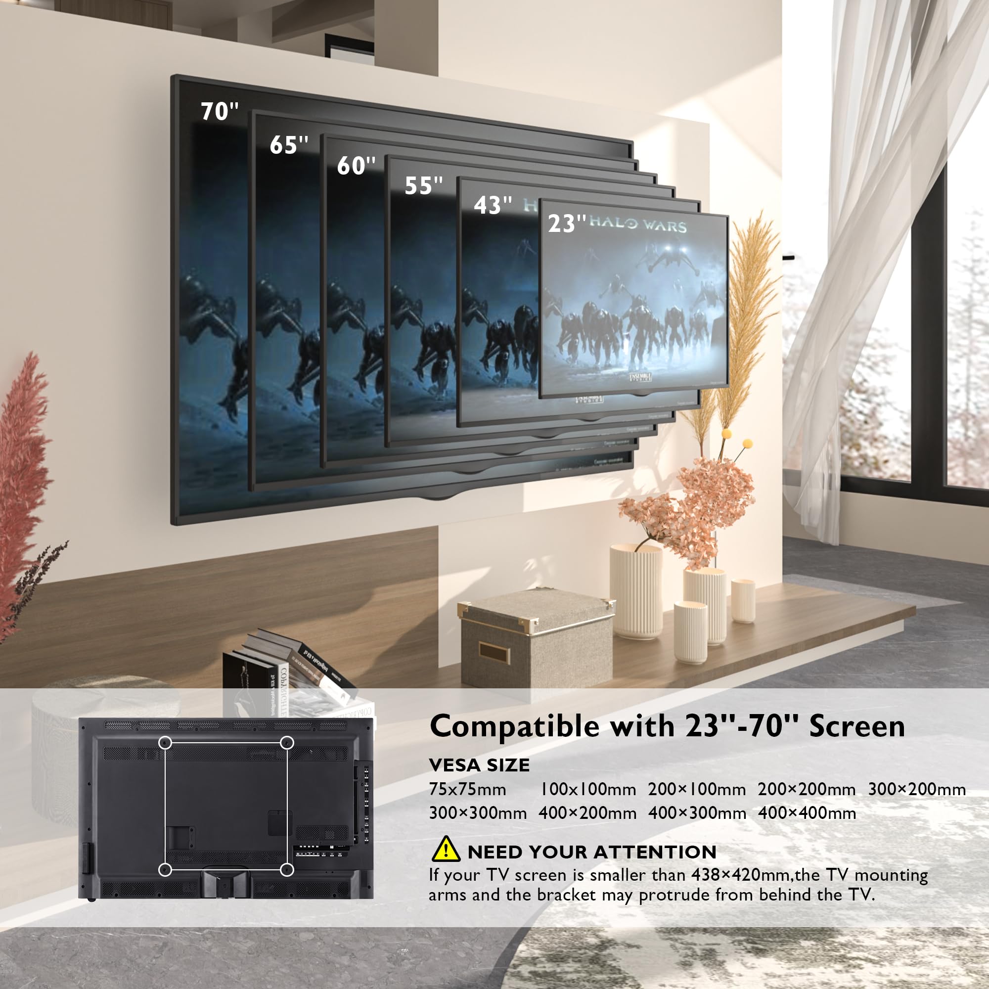 BONTEC Suporte de parede para TV para ecrãs planos e curvos de 23-70 polegadas, suporte de parede para TV inclinável e giratório, com braço duplo de movimento completo, MAX VESA 400x400mm