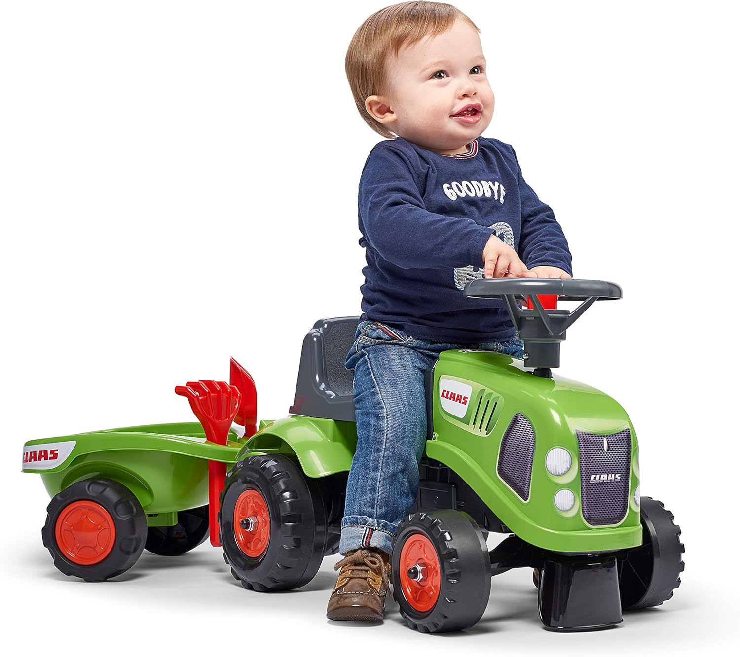 FALK - Porta Tractor Claas con Remolque - A Partir de 12 Meses - Fabricado en Francia - Pala y Rastrillo Incluidos - 2 Estilos de Personalización - Matrícula Personalizable - 212C