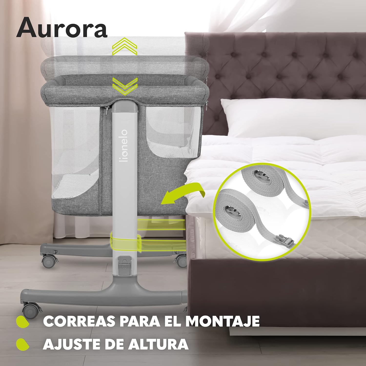 lionelo Aurora Berço de colecho 3 em 1 até 9 kg, berço de balanço, ajuste de altura e inclinação do colchão, 4 rodas com travão, colchão ergonómico, bolsa