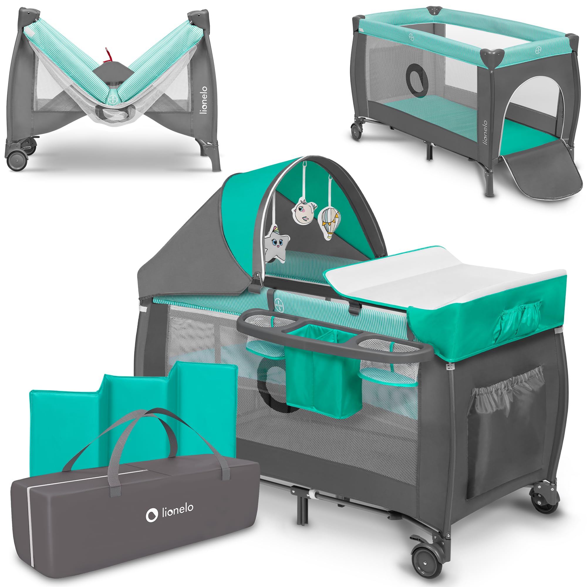 lionelo Sven Plus Berço de viagem para bebés 0-36 M para crianças até 15 kg função de trocador mosquiteira abertura lateral com fecho de correr ajuste de altura (cinzento)