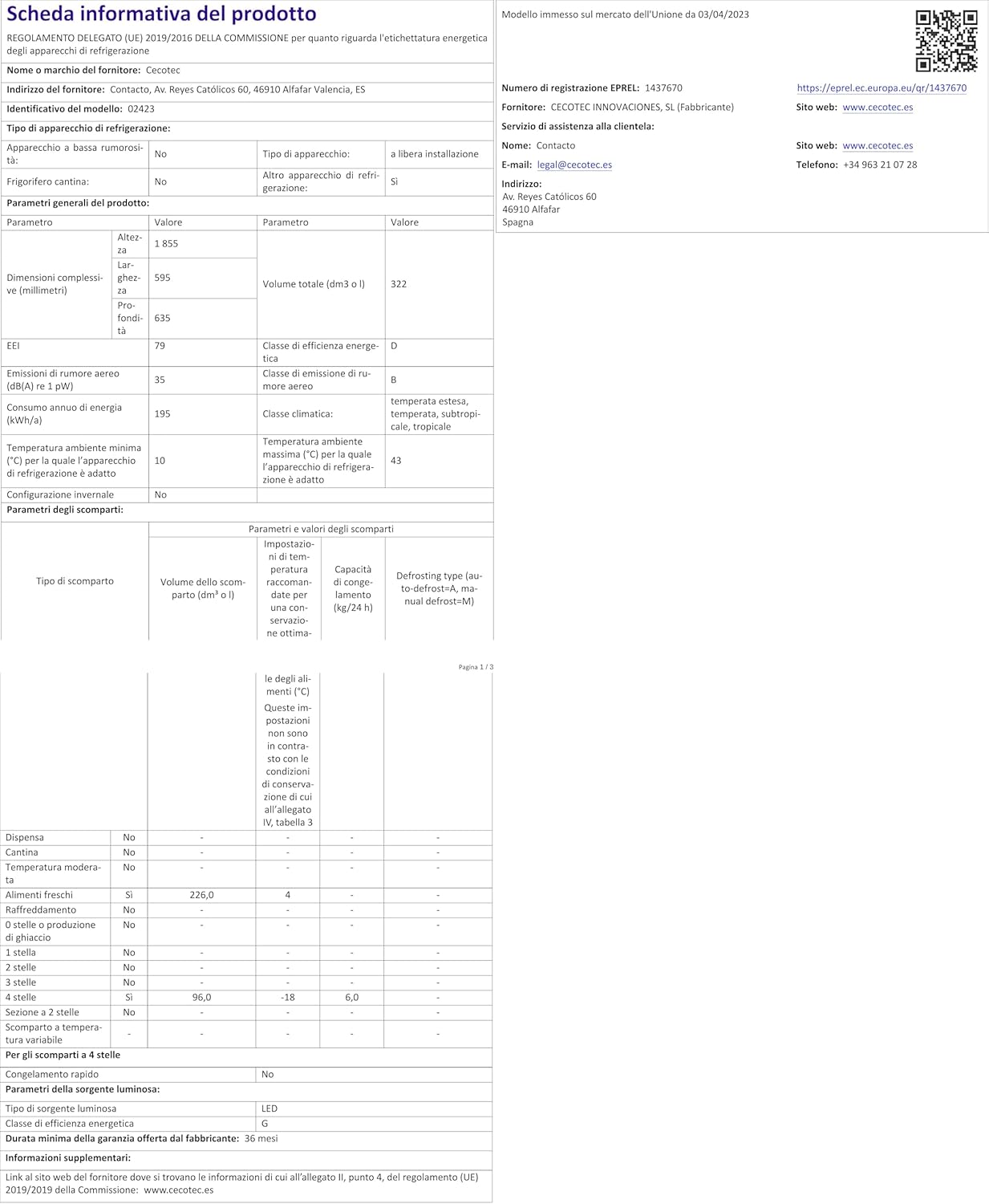 Cecotec Frigorífico Combi 2 portas de Bolero CoolMarket Combi 322 Inox D. 322 l, altura 185 e 60 cm de largura, baixo consumo, inversor do motor, sistema multi ar low, total sem gelo