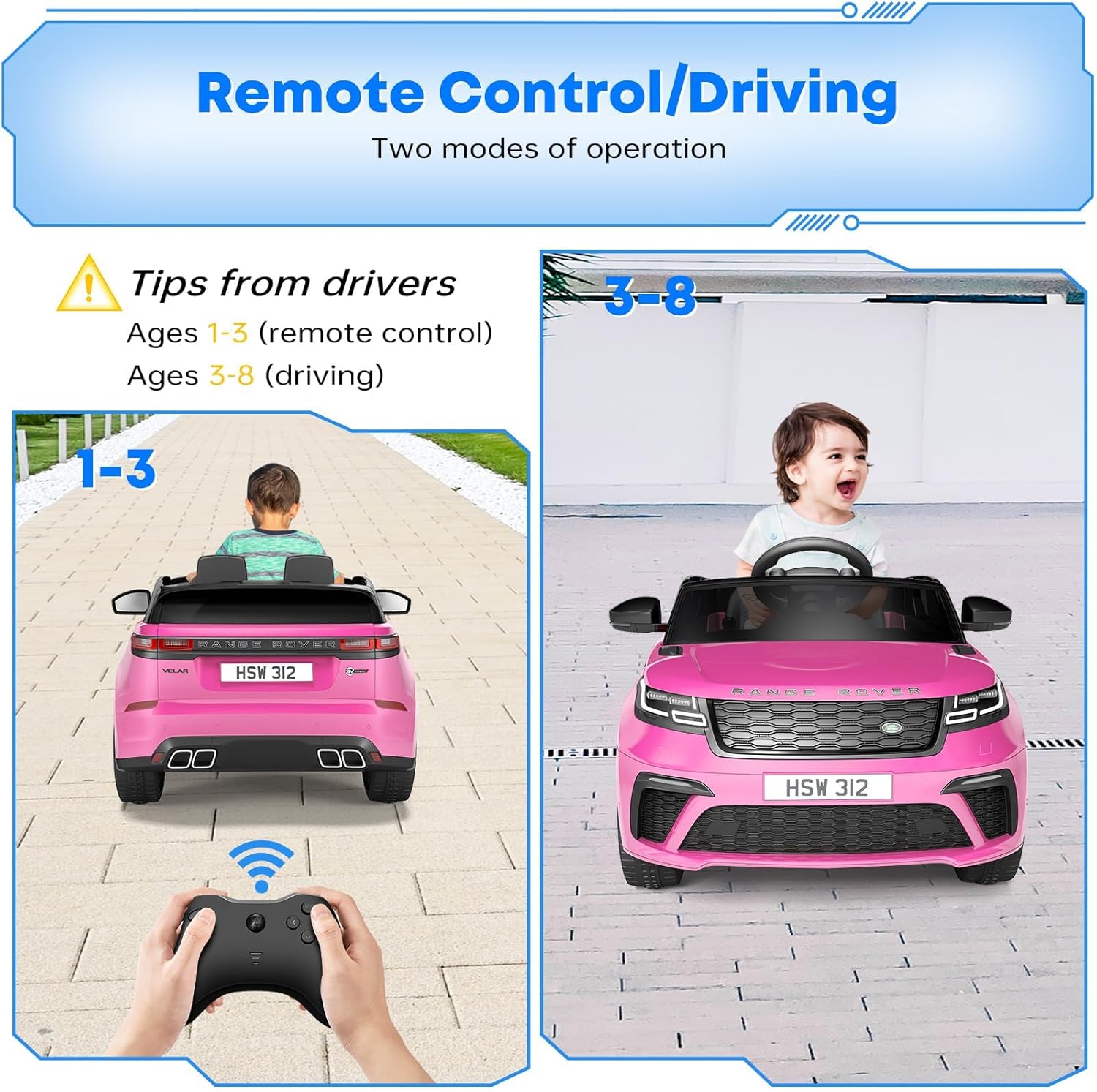 Carro elétrico para crianças, Land Rover com licença, 12 V, com controlo remoto, música, educação precoce, USB, TF, Mp3, carro elétrico para crianças a partir de 3 anos (rosa)