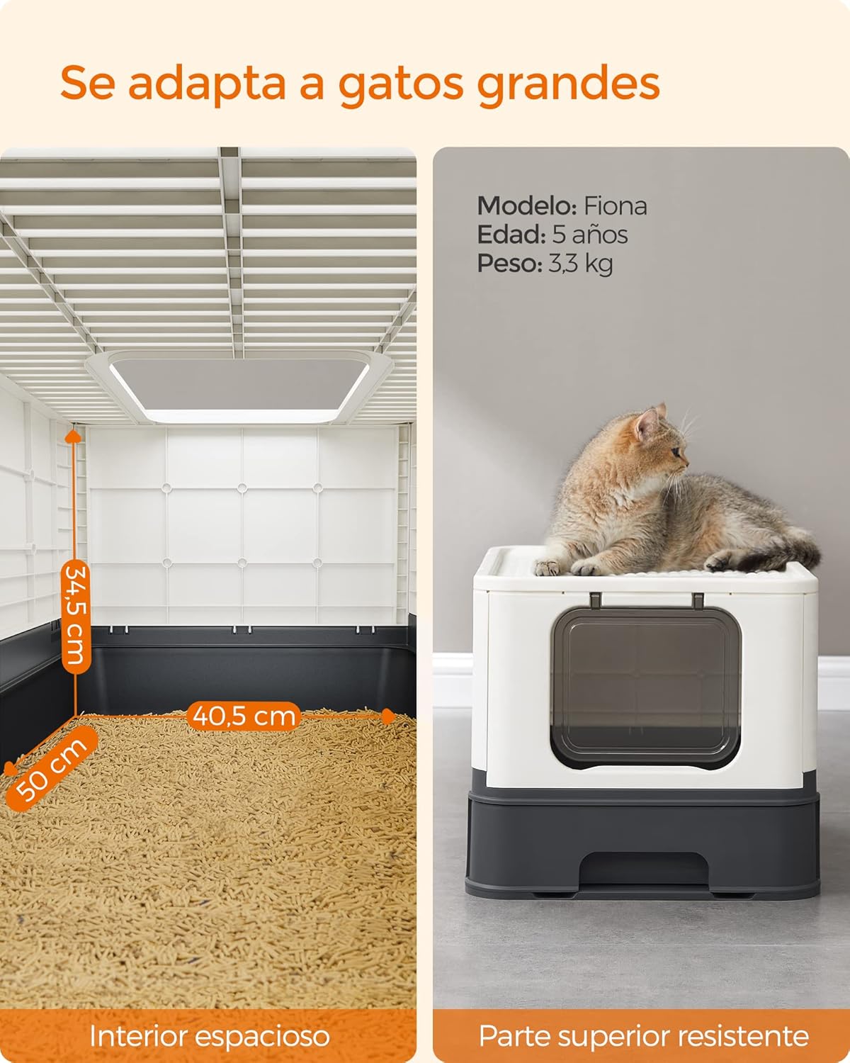 Feandrea Areia para gatos, caixa de areia com bandeja removível, pá, escova, espaço para gatos grandes, carga de 15 kg, anti-filtração, anti-fugas, bege e preto PPT001W01