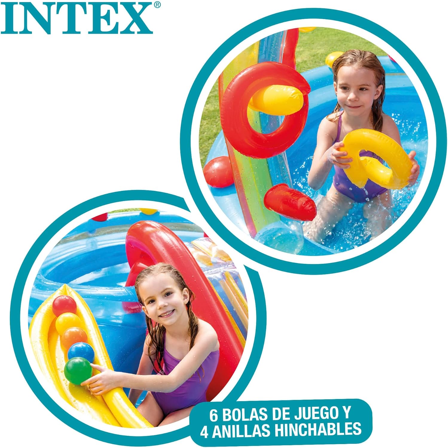 Intex 57453NP — Piscina insuflável com atividades arco-íris 297 x 193 x 135 cm, 206 e 175 litros