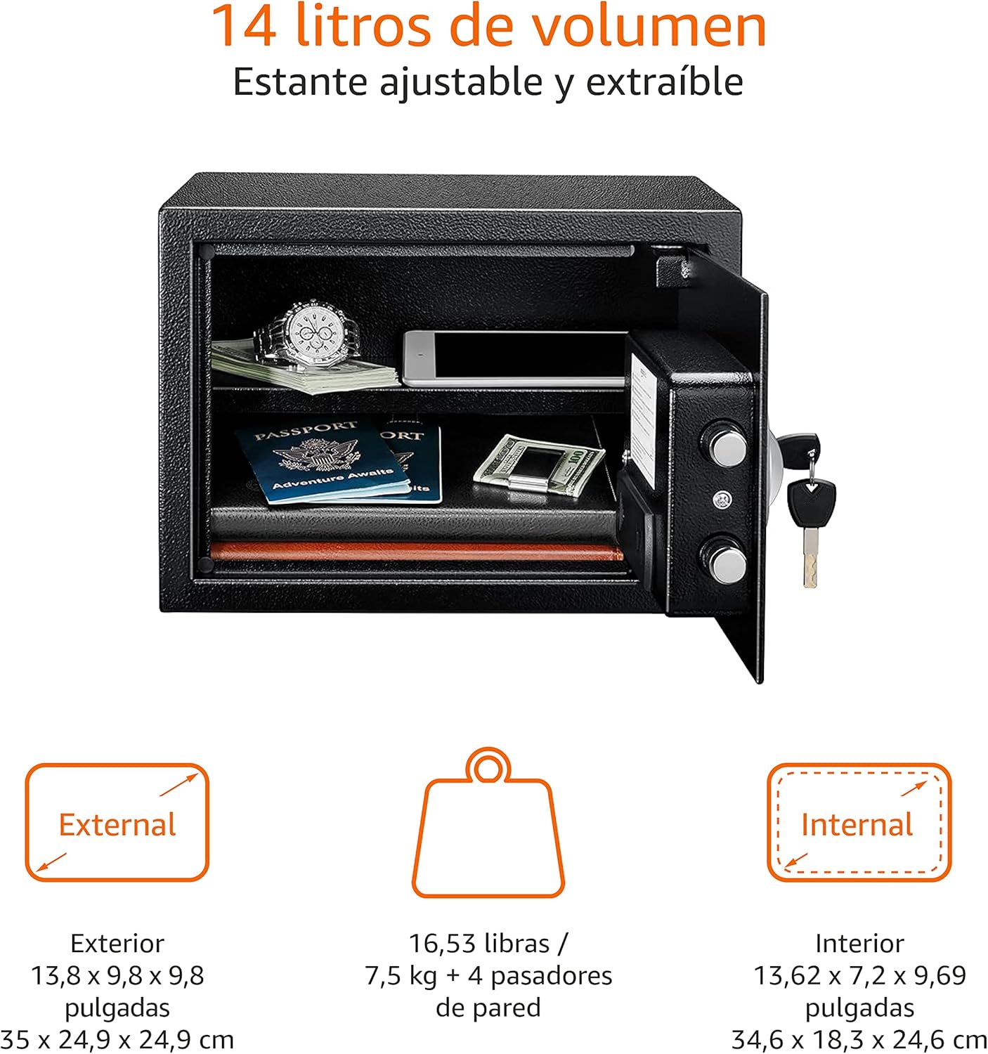 Amazon Basics Caja Fuerte de Seguridad de Acero con Cerradura con Teclado, Protege Dinero, Joyas, Documentos de identificación, 14 l, 35 cm x 25 cm x 25 cm, Color Negro