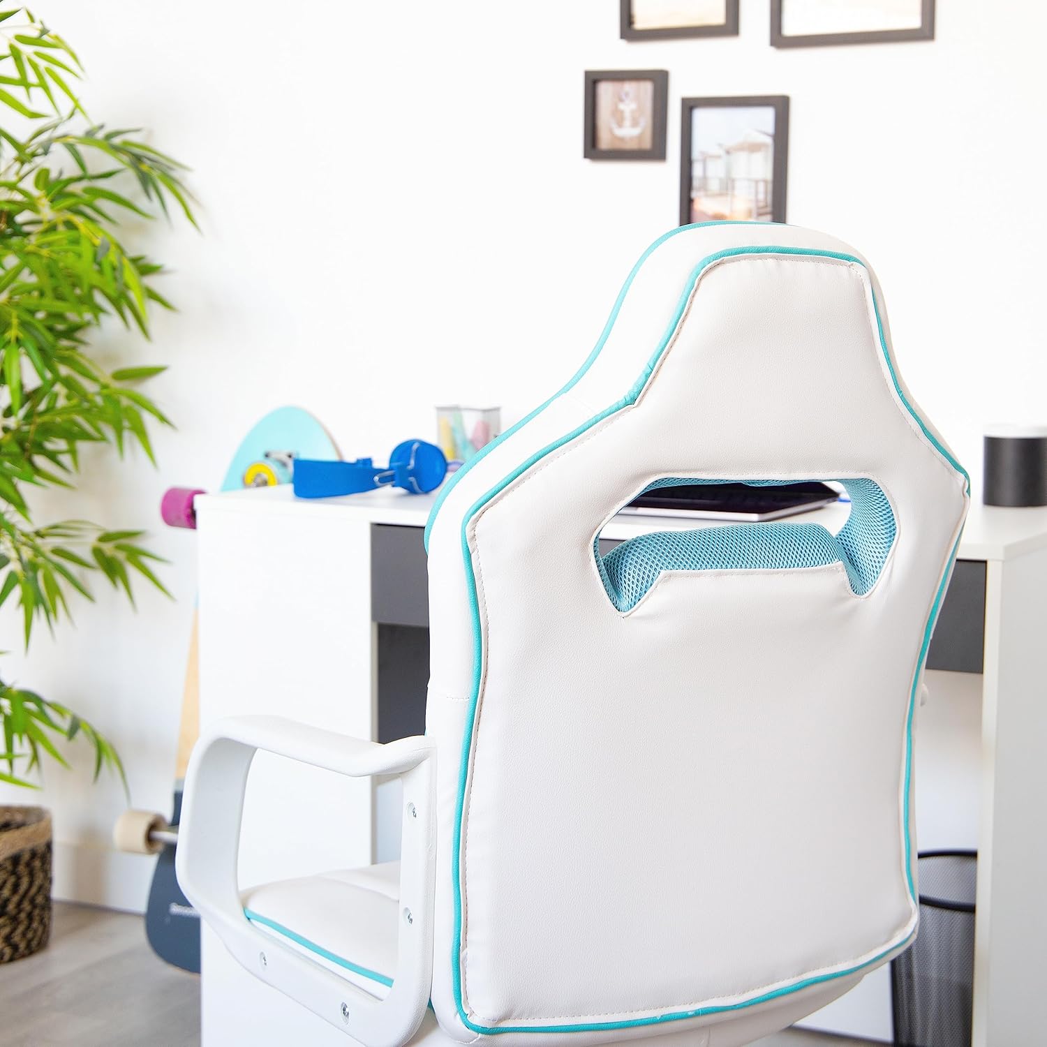 duehome | DRW, cadeira Gamer, cadeira de escritório, estúdio ou secretária, acabamento em silício pele branca e turquesa, medidas: 46,5 cm (largura) x 46 cm (comprimento) x 98-109,5 cm (altura)
