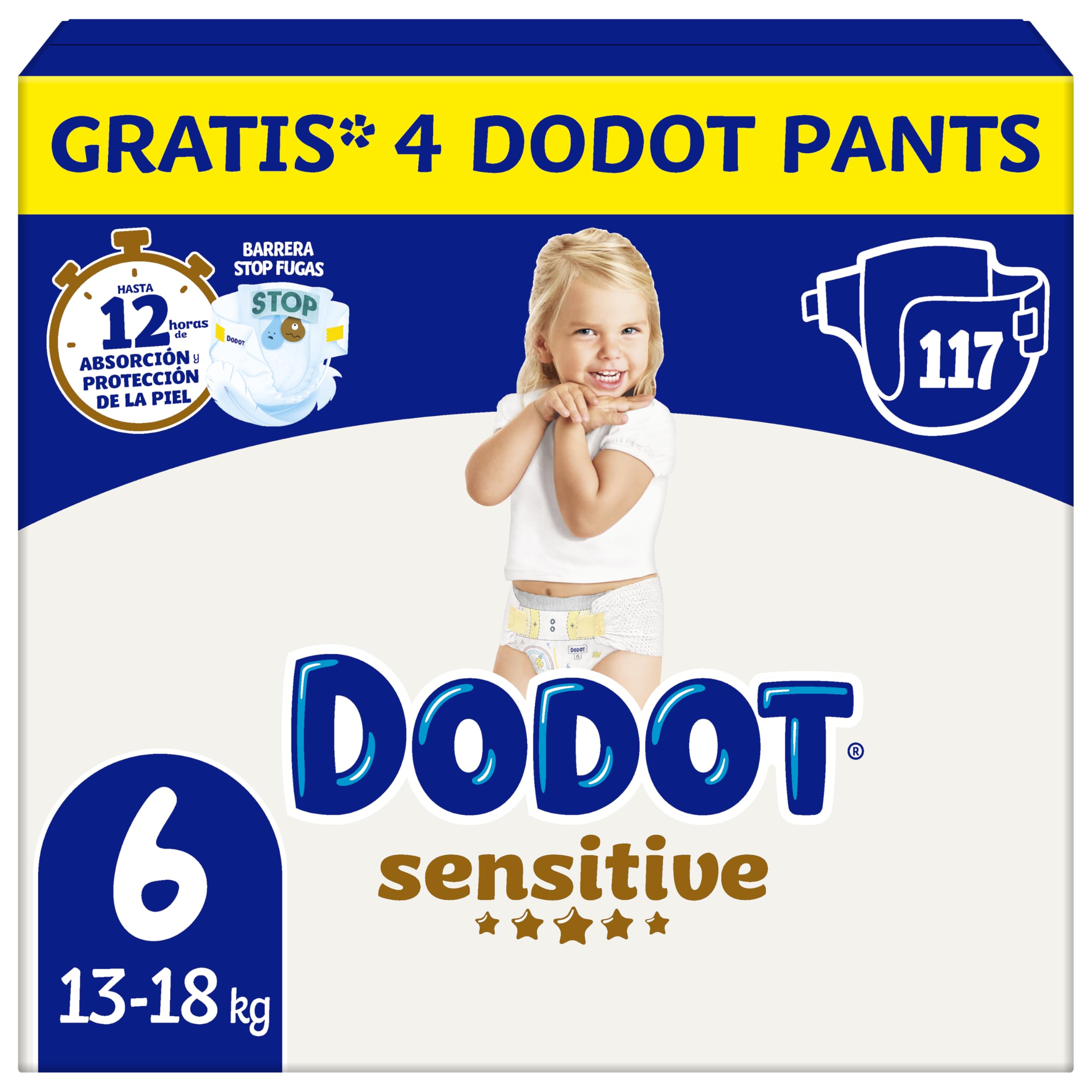 Dodot Pañales Bebé Sensitive, Talla 4 (9-14 kg), 192 Pañales + 4 Pants de Regalo, Hasta 12 h De Protección Antifugas y Cuidado de la Piel, Pack Mensual