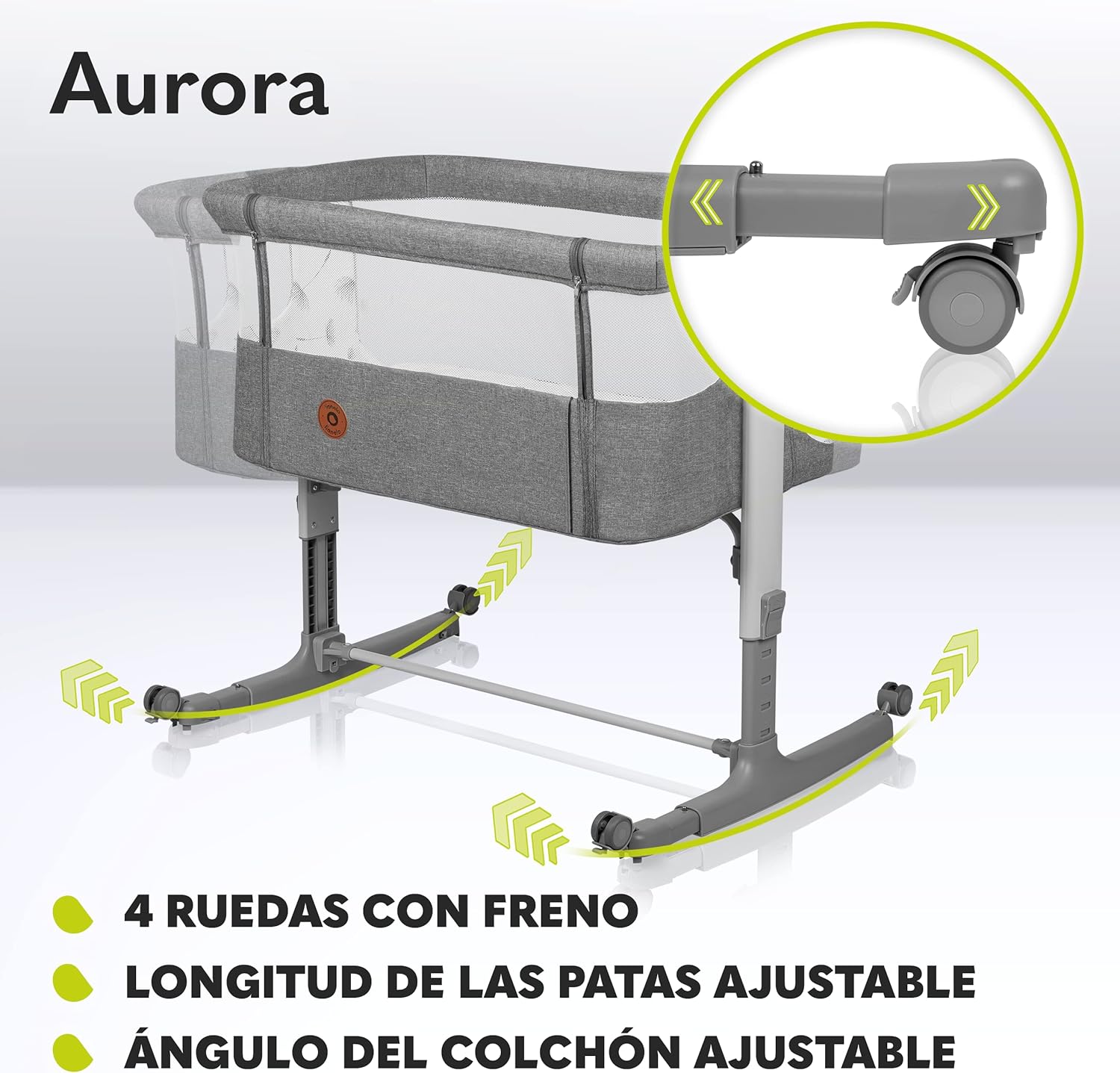 lionelo Aurora Berço de colecho 3 em 1 até 9 kg, berço de balanço, ajuste de altura e inclinação do colchão, 4 rodas com travão, colchão ergonómico, bolsa