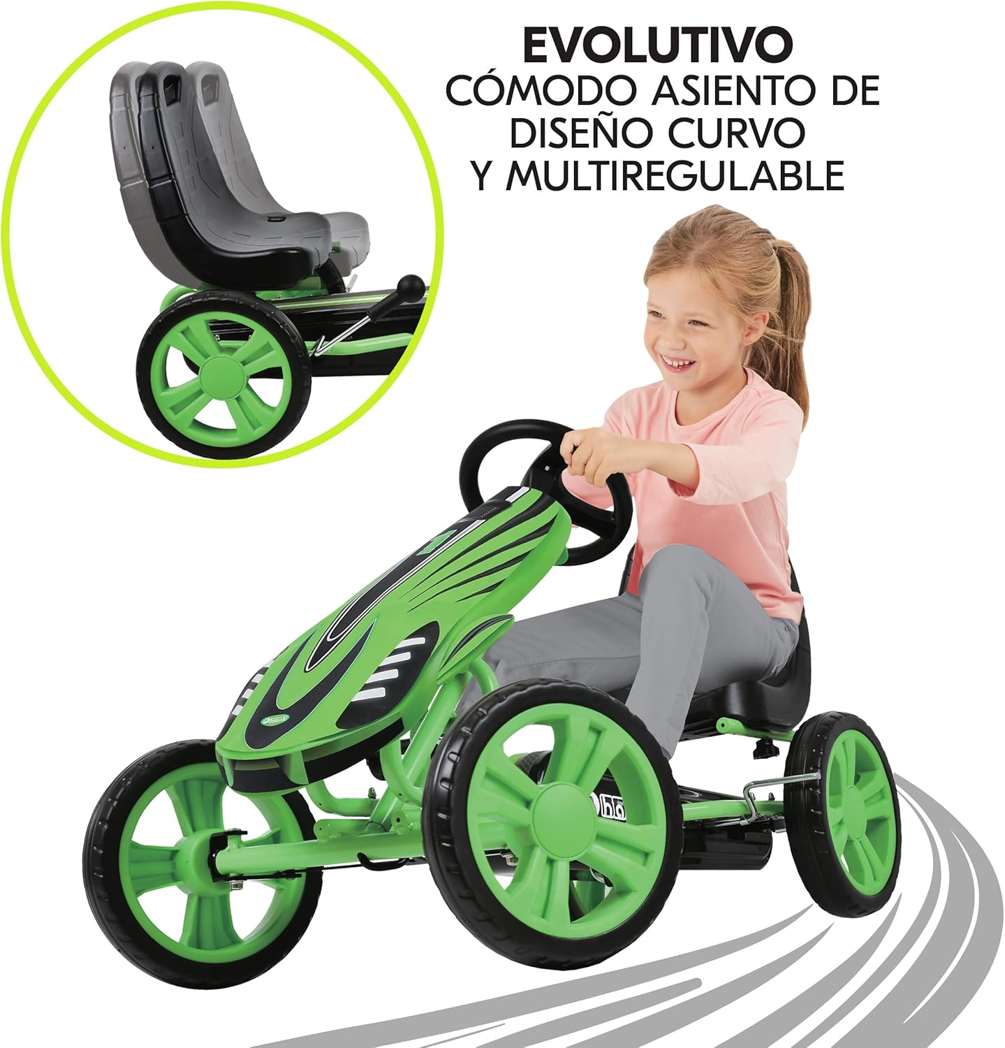 hauck Speedster Kart Pedais para crianças, Go Kart de 4 anos a 50 kg, travão de mão, assento ajustável em 3 posições, moldura de aço