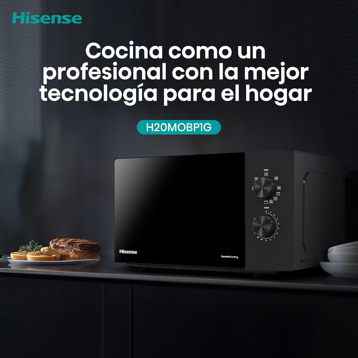 Hisense H20MOBP1G, micro-ondas com brilho de 20 l, 700 W de potência, 800 W Grill, revestimento cerâmico, vidro premium, 5 níveis, limpeza fácil, temporizador de cozedura, preto