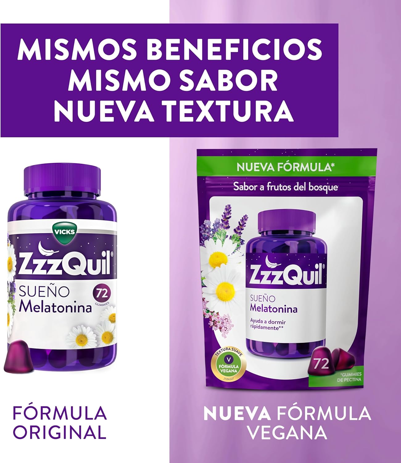 ZzzQuil Sonho, Gummies de melatonina para dormir, com valeriana, camomila, vitamina B6 e lavanda, ajuda a dormir rapidamente, sabor frutas da floresta, nova fórmula vegana, 72 Gummies