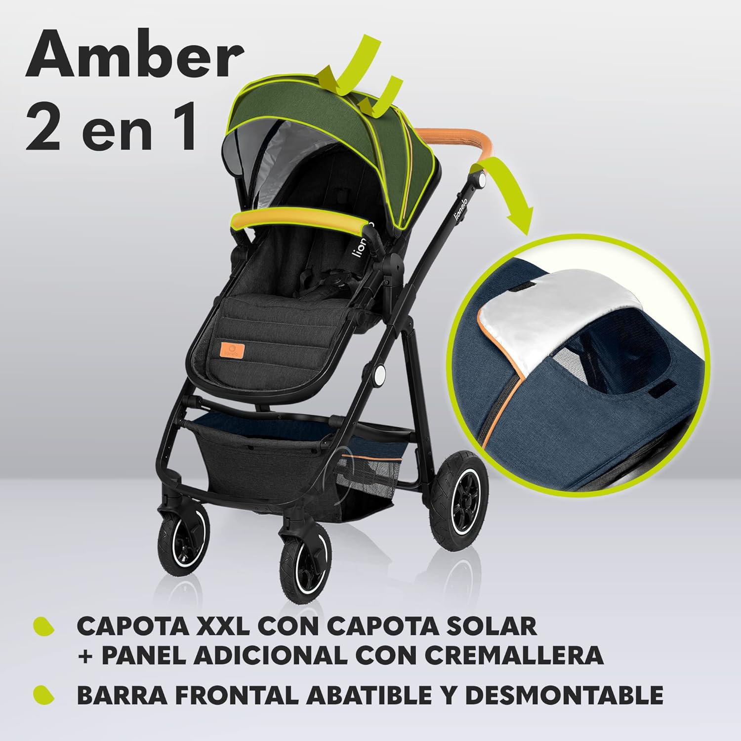 LIONELO Amber Carro de bebé multifuncional 2 em 1 conjunto carrinho de passeio com assento de cubo e tampa guiador ajustável bolsa mosquiteira protetor de chuva