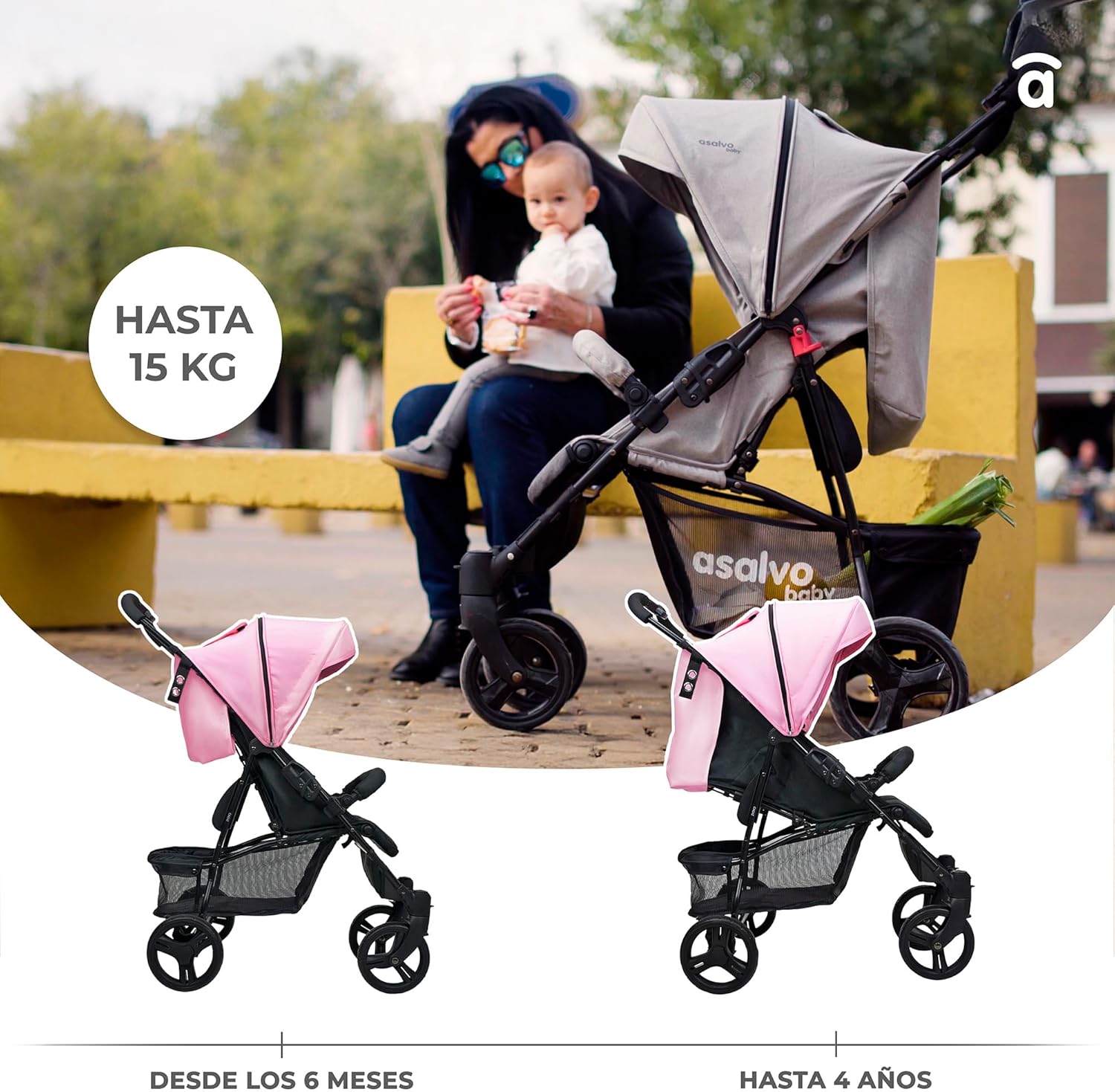 Asalvo CÁDIZ Cadeira de passeio ultra-leve, reclinável, capapta SPF50, arnês de 5 pontos, de 6 meses a 17 kg, cor petróleo