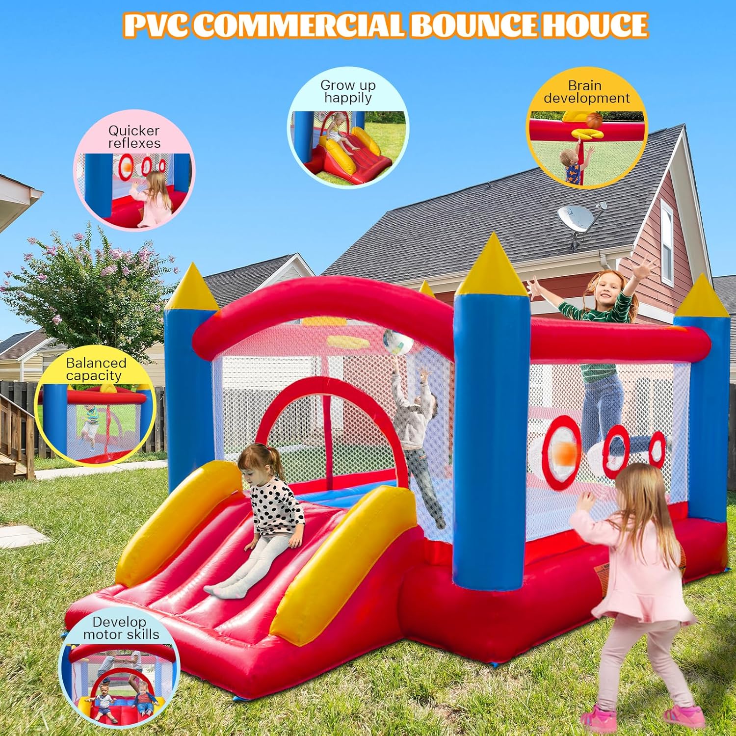 Ballsea Castillo Hinchable de PVC con soplador, trampolín, tobogán y Red de Seguridad. Este Castillo Hinchable está Hecho de PVC y es Adecuado para el hogar, el Exterior, la guardería o el Comercio