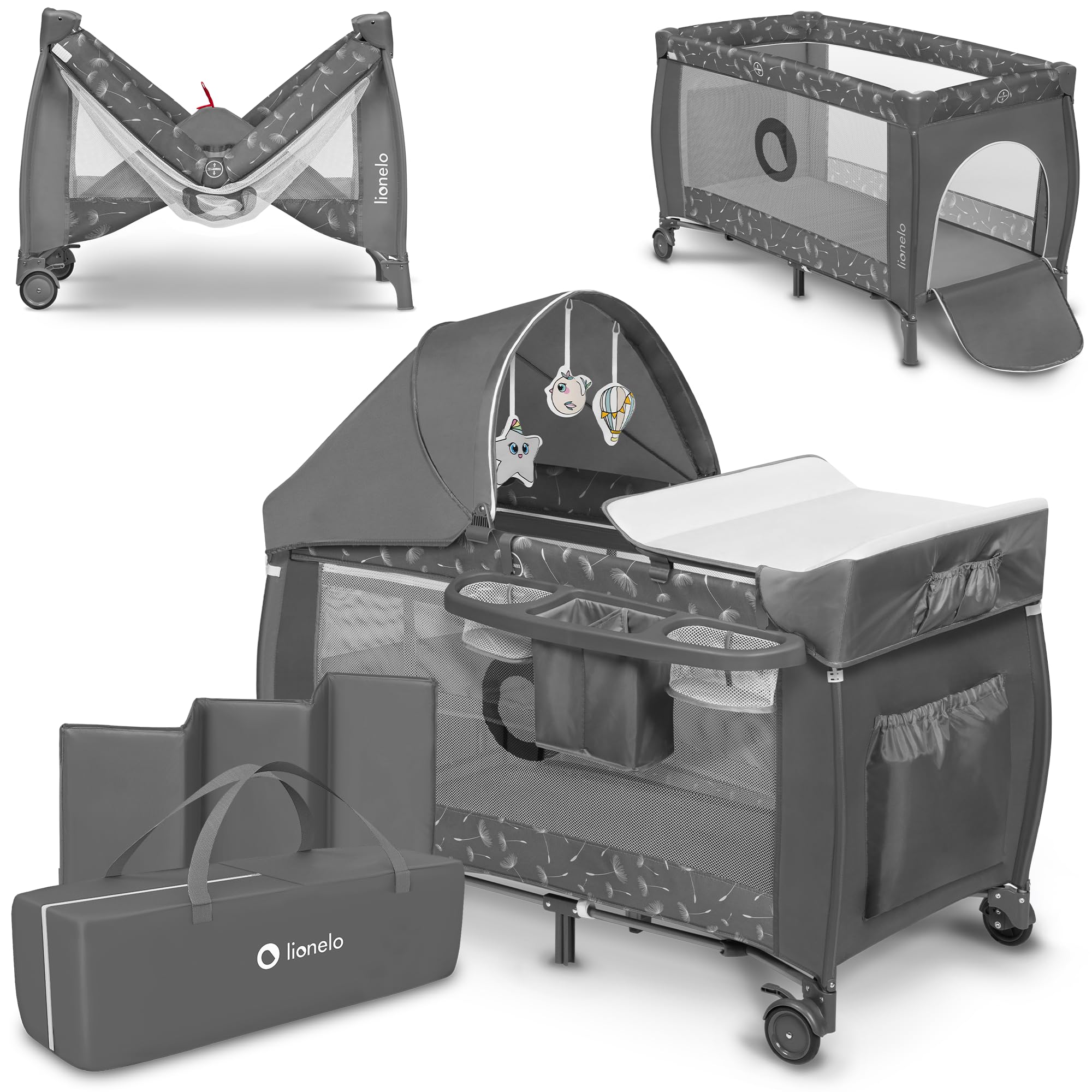 lionelo Sven Plus Berço de viagem para bebés 0-36 M para crianças até 15 kg função de trocador mosquiteira abertura lateral com fecho de correr ajuste de altura (cinzento)