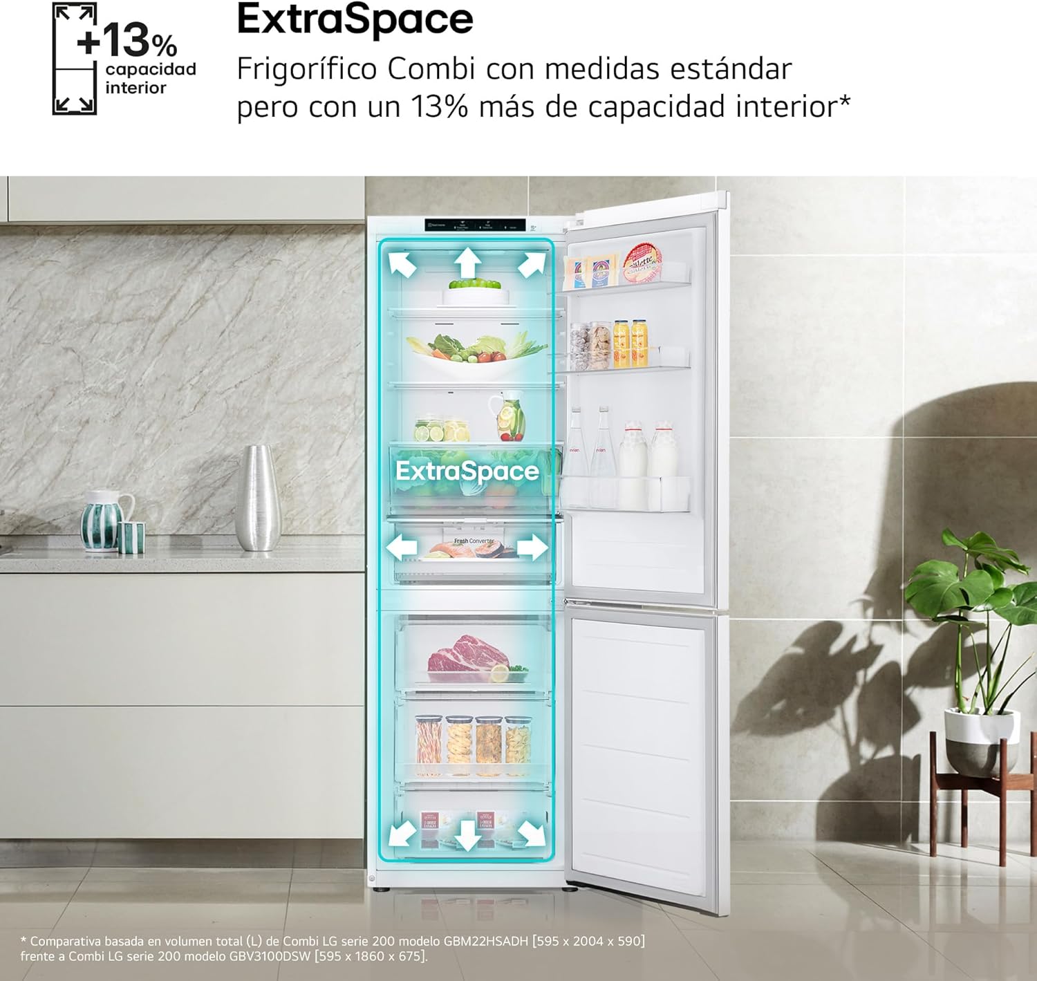 LG GBV3100DSW - Friforífico Combi Door Cooling+, 1.86m, Total No Frost, Clasificación D, Capacidad de 374l, Serie 300, Blanco