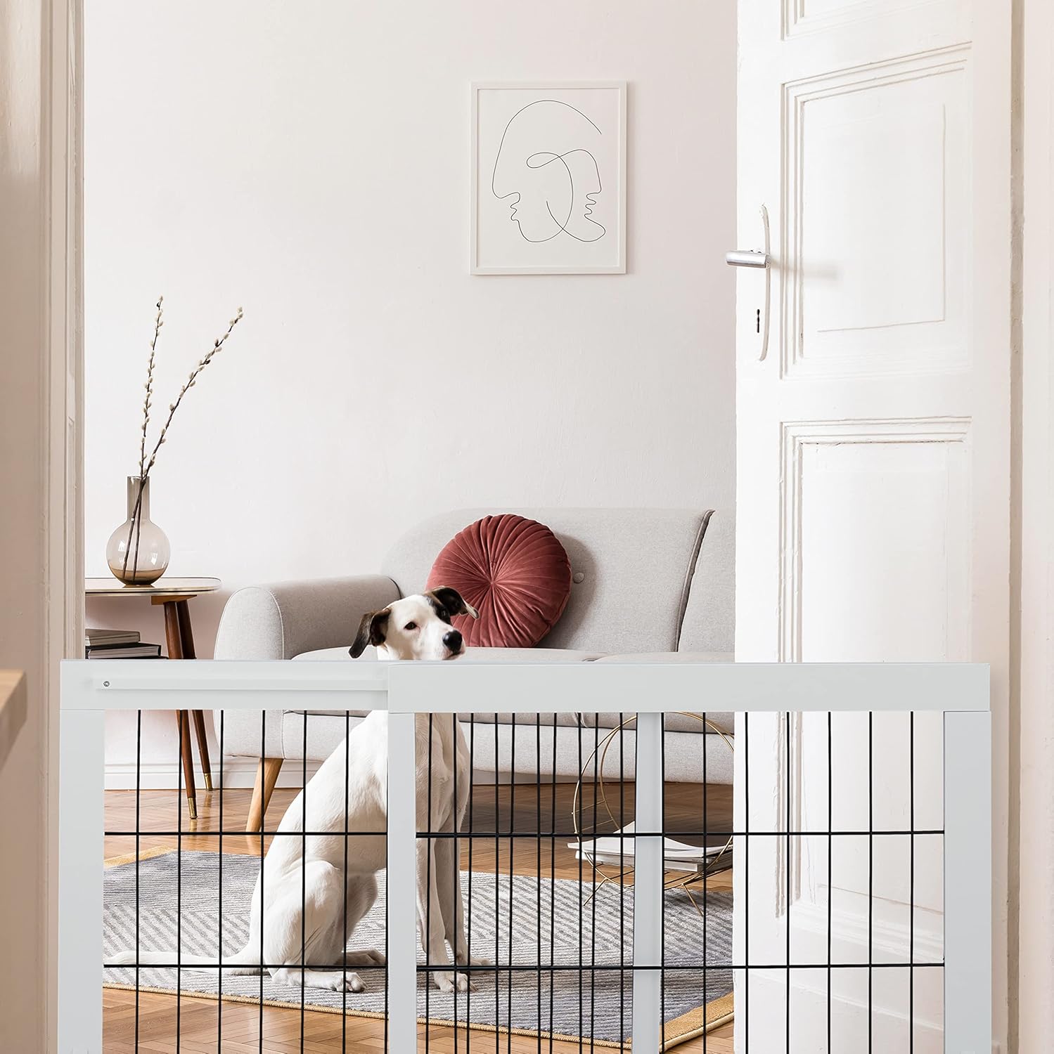 Relaxdays Barreira de segurança crianças e cães, cerca protetora para porta ou escada, sem perfuração, 56 x 70 - 115 cm, branco, madeira