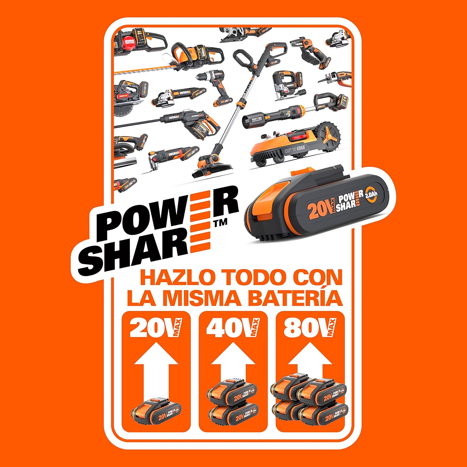 WORX Motosserra 20 V | PowerShare | WG322E.9 - Sem bateria, sem carregador, 25 cm