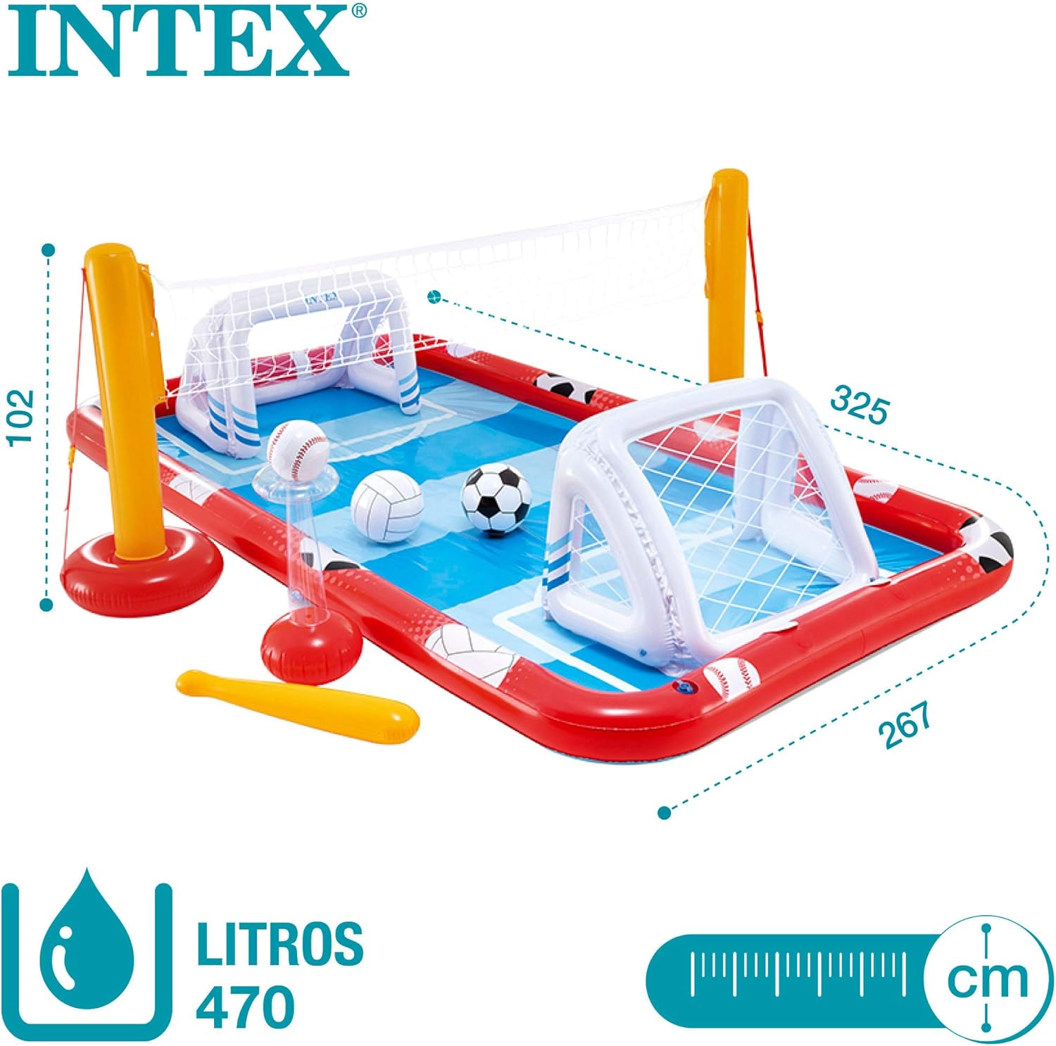 Intex 57147NP - Centro de jogos aquáticos insuflável INTEX, para crianças, medidas 325 x 267 x 102 cm, 470 litros, voleibol, futebol, basquetebol e beisebol, a partir dos 3 anos