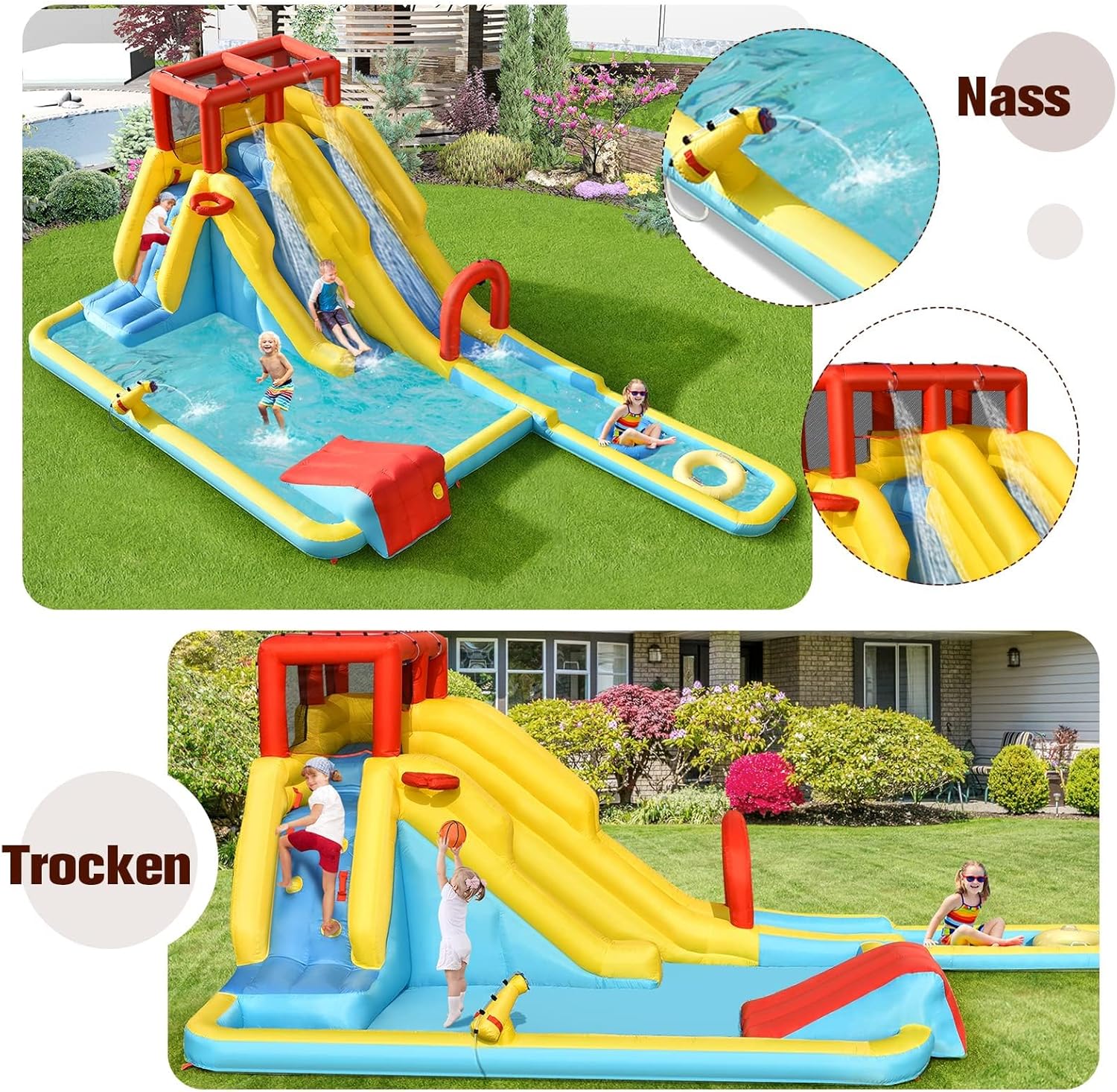 FANTASK Castillo Hinchable con Bolsa de Transporte, Anillos de natación, Baloncesto Inflable y Kit de reparación, tobogán acuático, Parque acuático para Exteriores, Incluye Pistola de Agua, Pared de