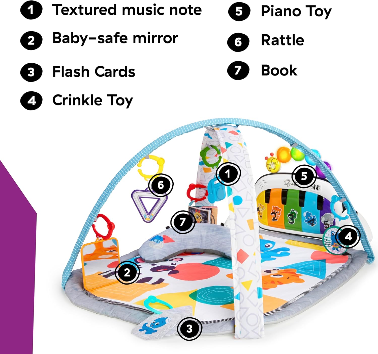 Baby Einstein, Gimansio de Actividades Musical para bebés 4en1 Kickin' Tunes con Piano, 70+ sonidos, 25+ min de música y luces, arco de juego, 7 juguetes extraíbles, 4 idiomas, desde recién nacido