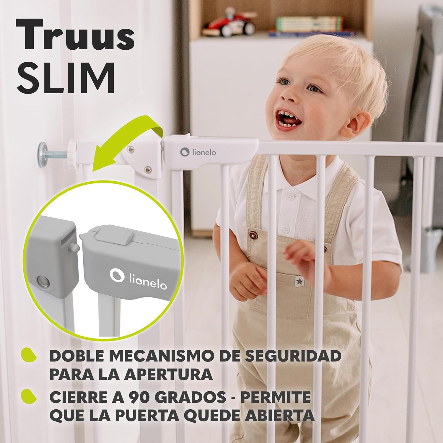 Lionelo Truus Slim Barreira de proteção 75 - 105 x 3 x 76,5 cm proteção dupla função AutoStop fecho automático fecho de fecho montagem simples cinzento