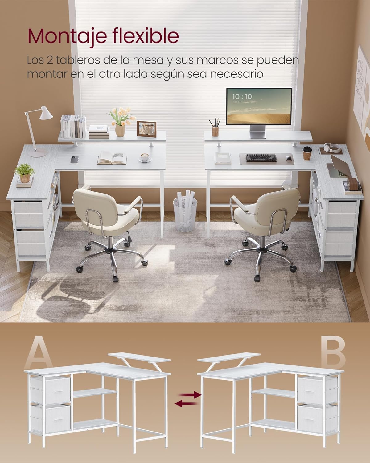 VASAGLE Escritorio en Forma de L, Esquinero, con 2 Amplios Cajones, Mesa con Soporte para Monitor, para Esquina, con Estante Ajustable, para Oficina Casa, Blanco Arce LWD097W01