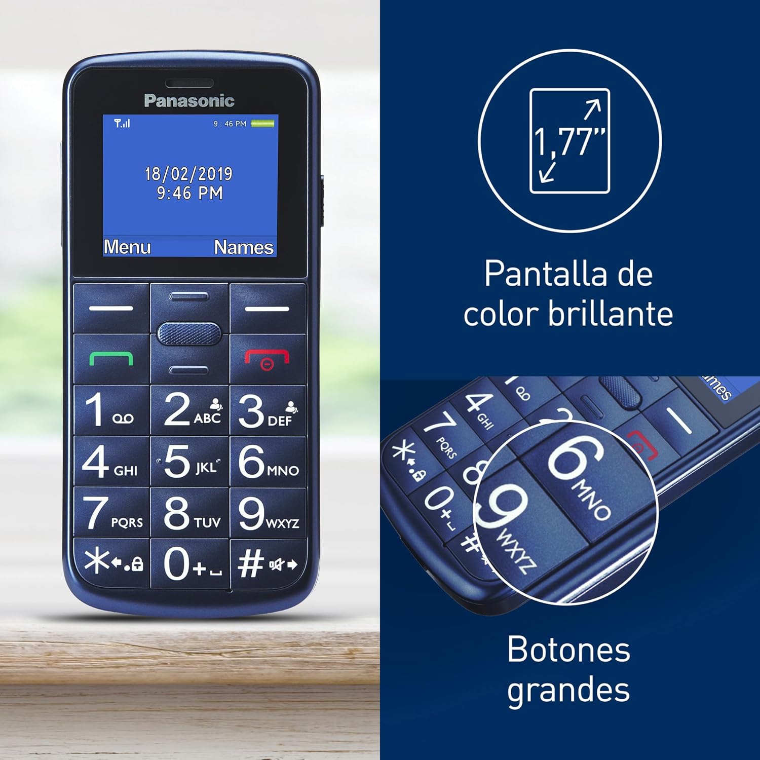 Panasonic KX-TU110EXC - Teléfono Móvil Para Personas Mayores, 1.77 Pulgadas (160 x 128), Pantalla y Teclas Grances, Botón SOS, Resistente a Golpes, Linterna, Batería 22h, Azul, 11,4 x 5,1 x 1,3 cm