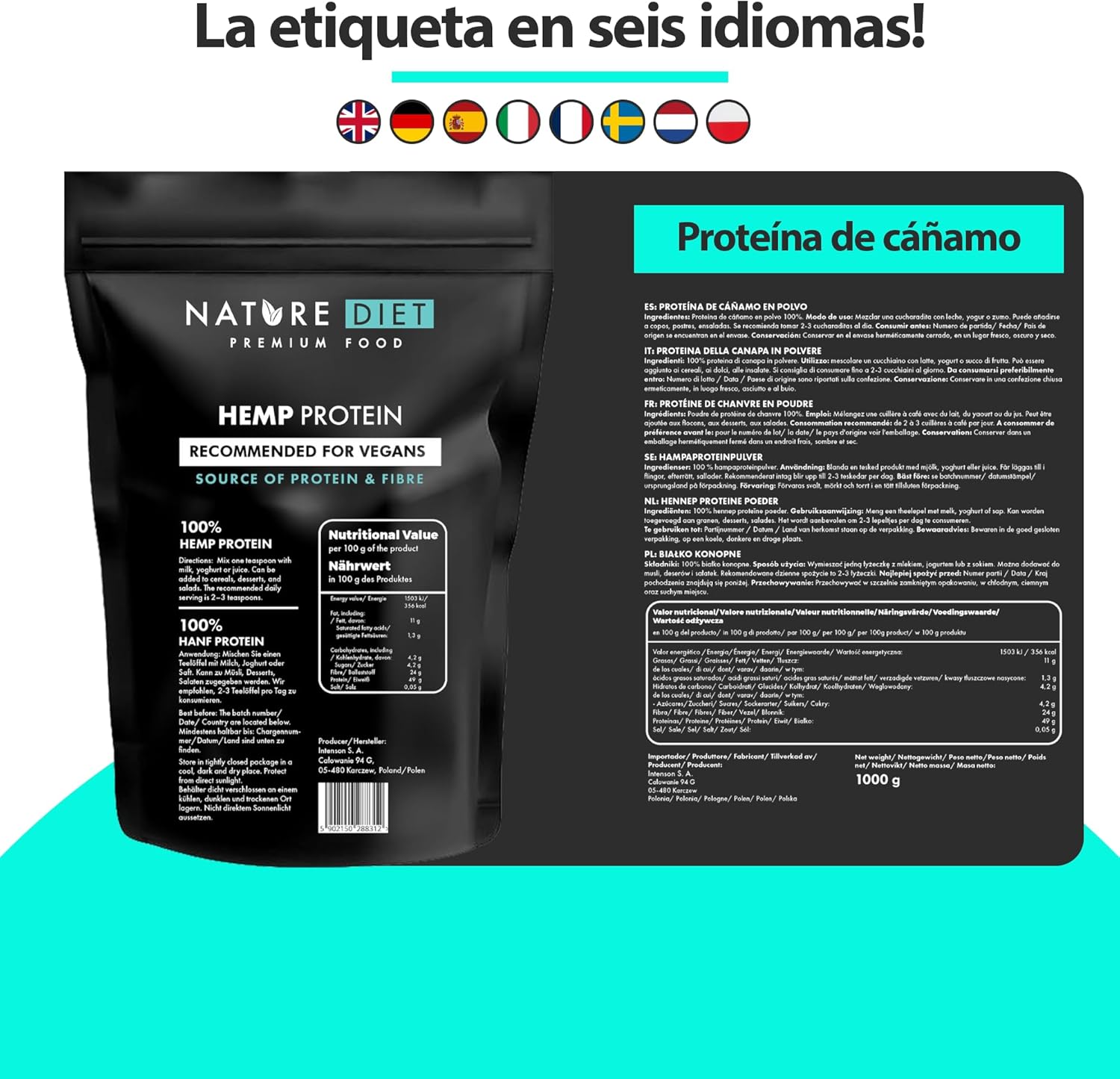 Nature Diet Proteína de cânhamo 1000 g, vegano, pó de proteína, à base de plantas