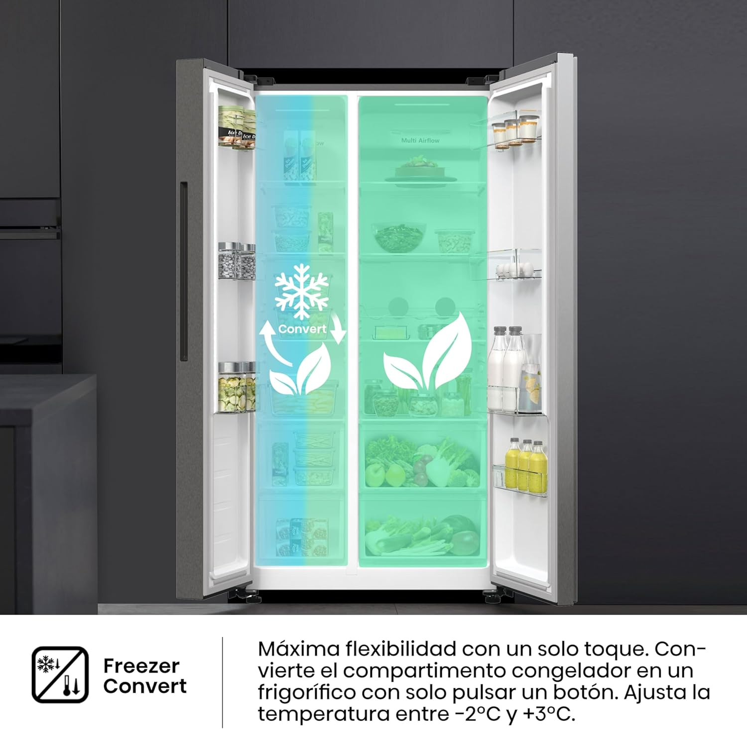 Hisense RS711N4ACE Frigorífico Side by Side, capacidade 547 l com 178,6 cm de altura, sem rost, super frio, alarme de porta aberta, modo de férias, Freezer Convert, baixo nível de ruído, classe E,