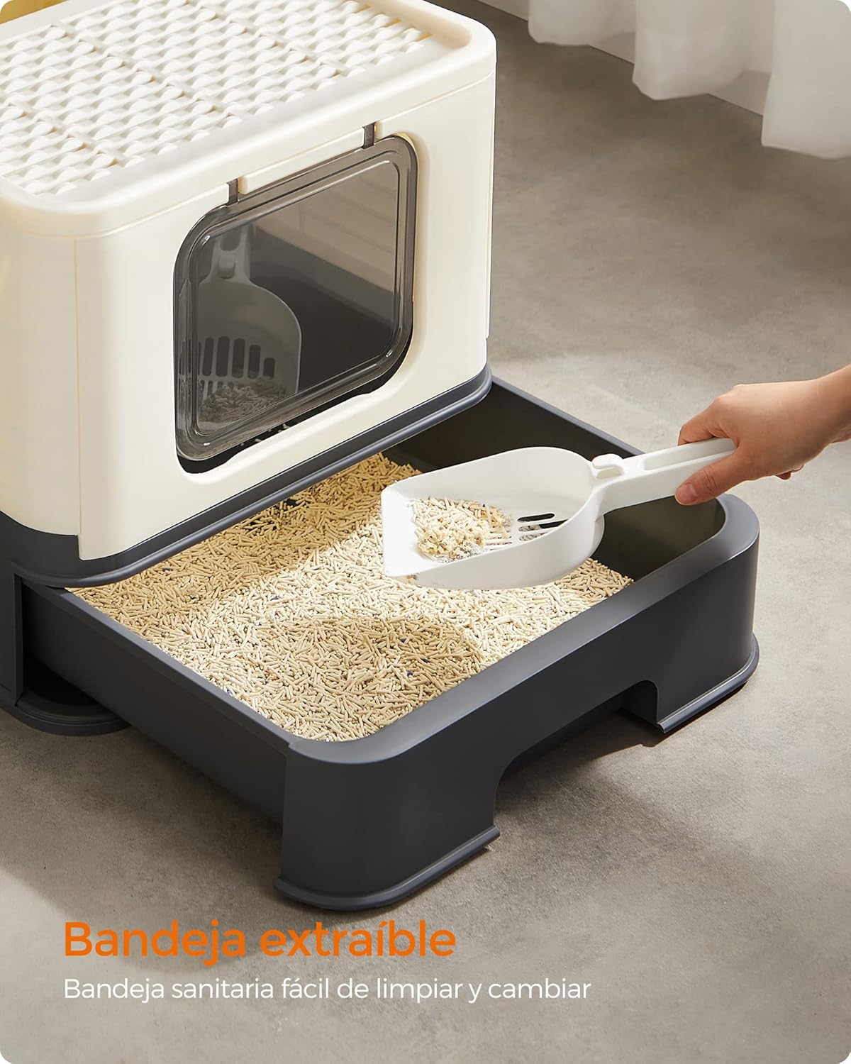 Feandrea Areia para gatos, caixa de areia com bandeja removível, pá, escova, espaço para gatos grandes, carga de 15 kg, anti-filtração, anti-fugas, bege e preto PPT001W01
