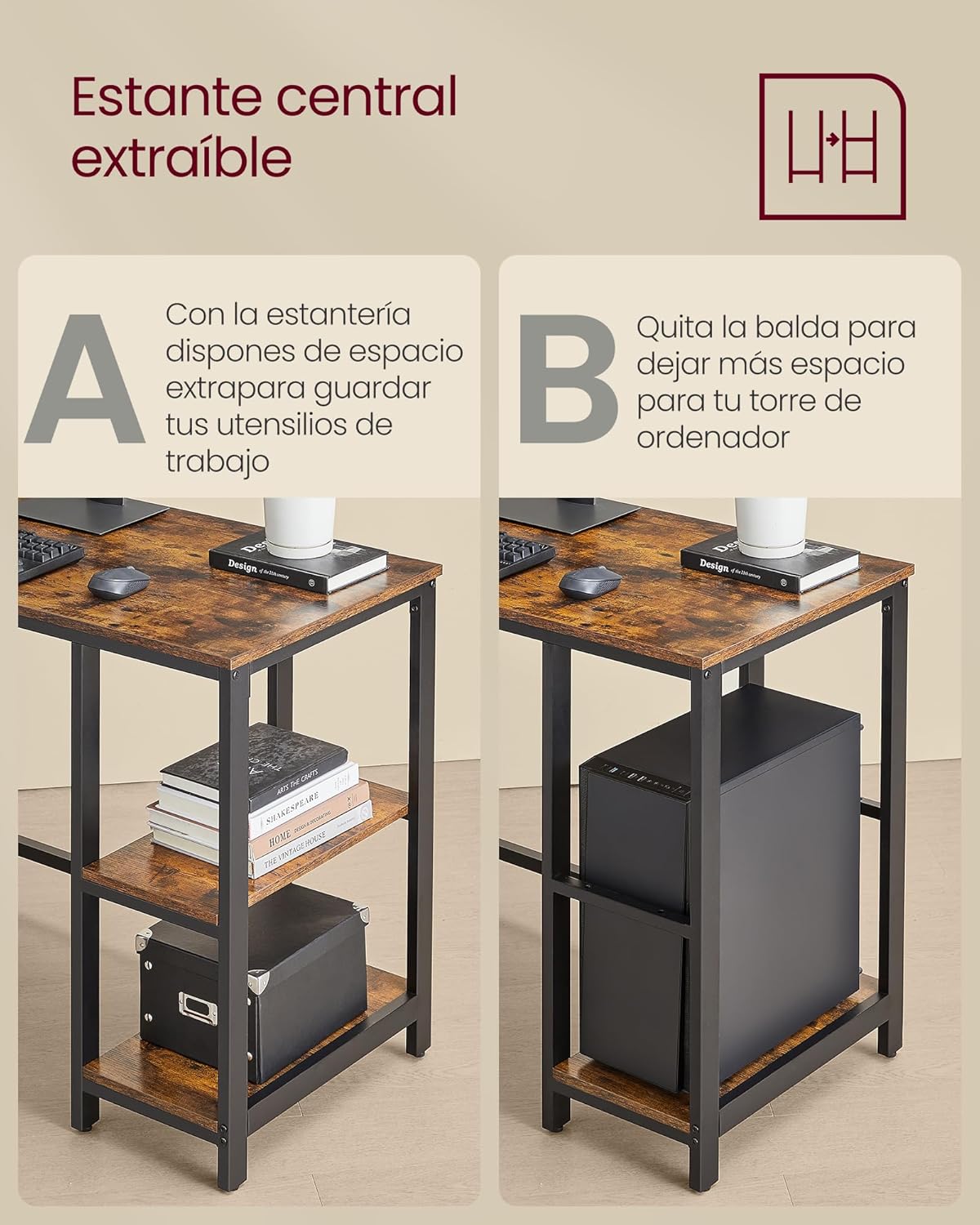 VASAGLE Secretária, mesa de computador em forma de L, 120 x 130 x 76 cm, esquina com 2 prateleiras, economiza espaço, para escritório casa, jogos, castanho rústico e preto tinta LWD123K01