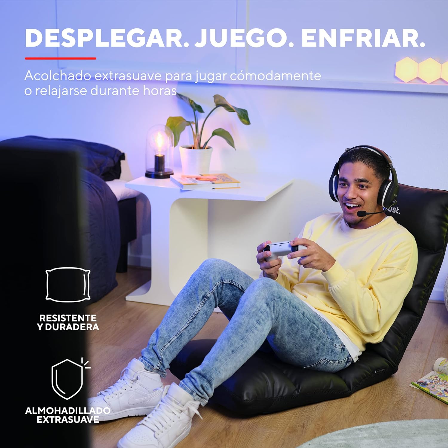 Trust Gaming GXT 718 Rayzee Silla Gaming Plegable, Cojin de Suelo Para Consolas, Respaldo Ajustable, Peso de Hasta 125 kg, Silla Gamer para Niño, Juegos, Lectura, Relax, TV - Negro