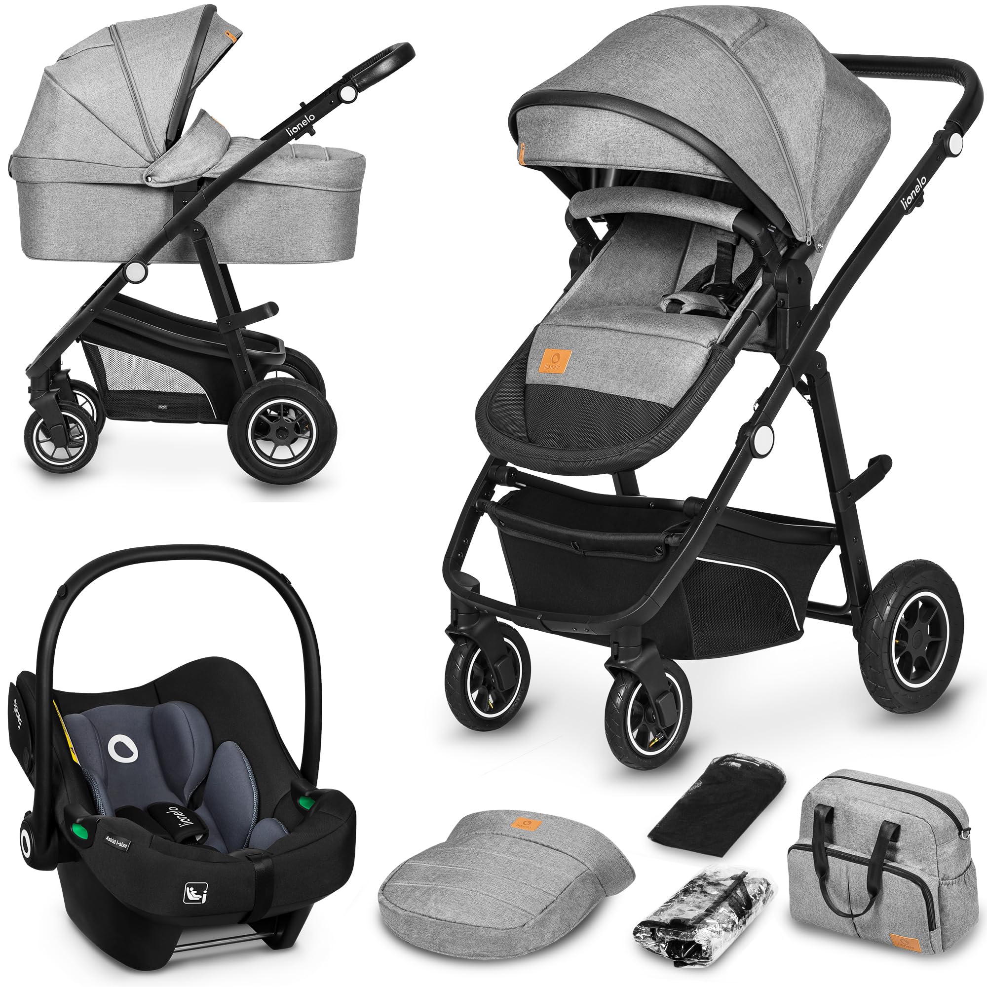 LIONELO BIANKA Carrinho de bebé 3 em 1 (22 kg) porta-bebés (9 kg) cadeira de carro (13 kg), dobrável, sistema de viagem encosto ajustável rodas 360o amortecimento, capô XXL, carrinho de bebé (bege)