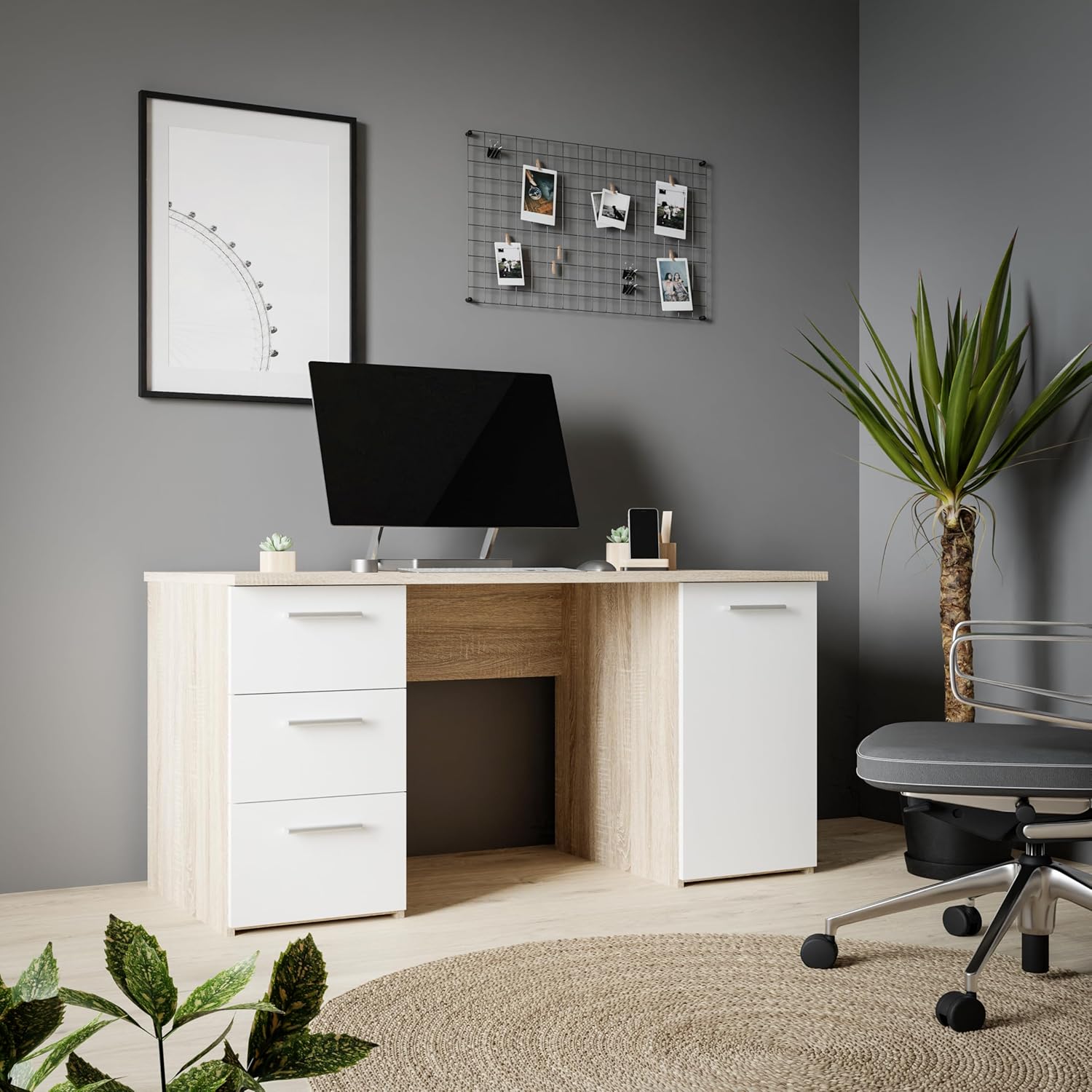 Forte NET307 - Escritorio con 1 Puerta y 3 cajones, Madera de Roble Sonoma con Blanco, 138 x 75 x 60 cm