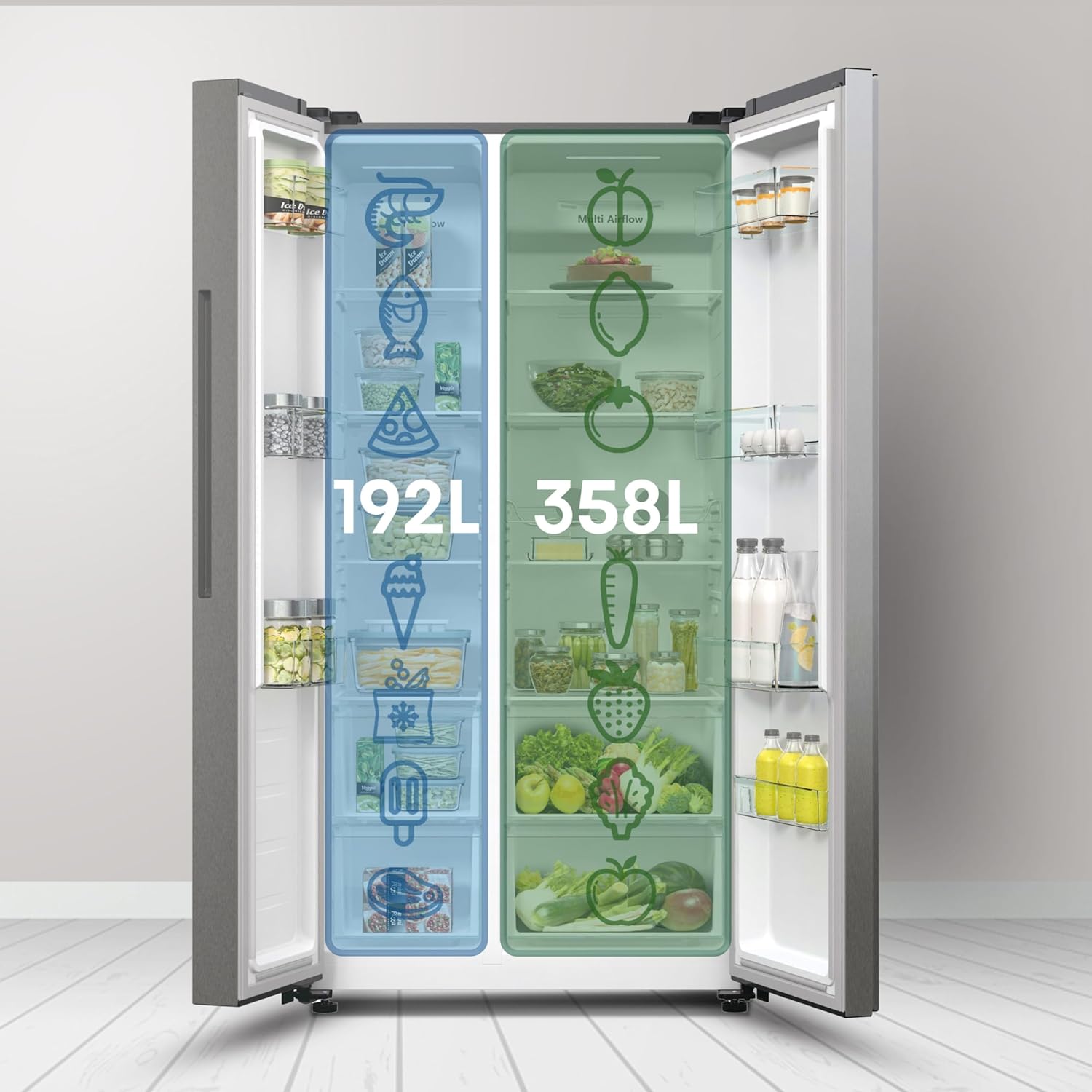 Hisense RS711N4ACE Frigorífico Side by Side, capacidade 547 l com 178,6 cm de altura, sem rost, super frio, alarme de porta aberta, modo de férias, Freezer Convert, baixo nível de ruído, classe E,