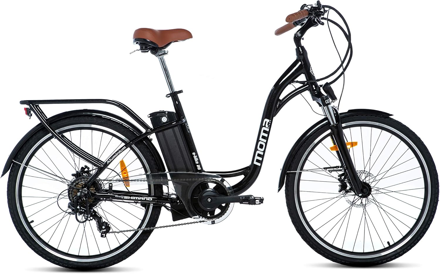 Moma Bikes Bicicleta elétrica urbana Ebike, alumínio, Shimano 7 v, travões de disco hidráulicos, bateria de lítio 36 V 16 Ah