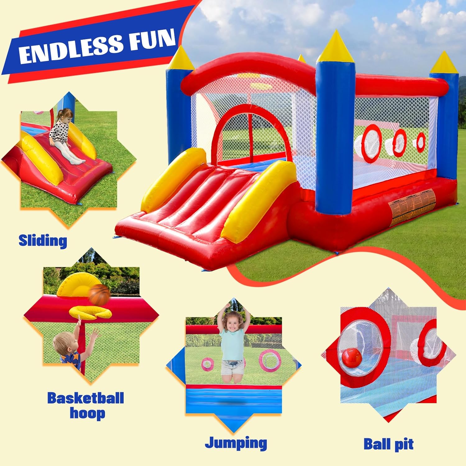 Ballsea Castillo Hinchable de PVC con soplador, trampolín, tobogán y Red de Seguridad. Este Castillo Hinchable está Hecho de PVC y es Adecuado para el hogar, el Exterior, la guardería o el Comercio