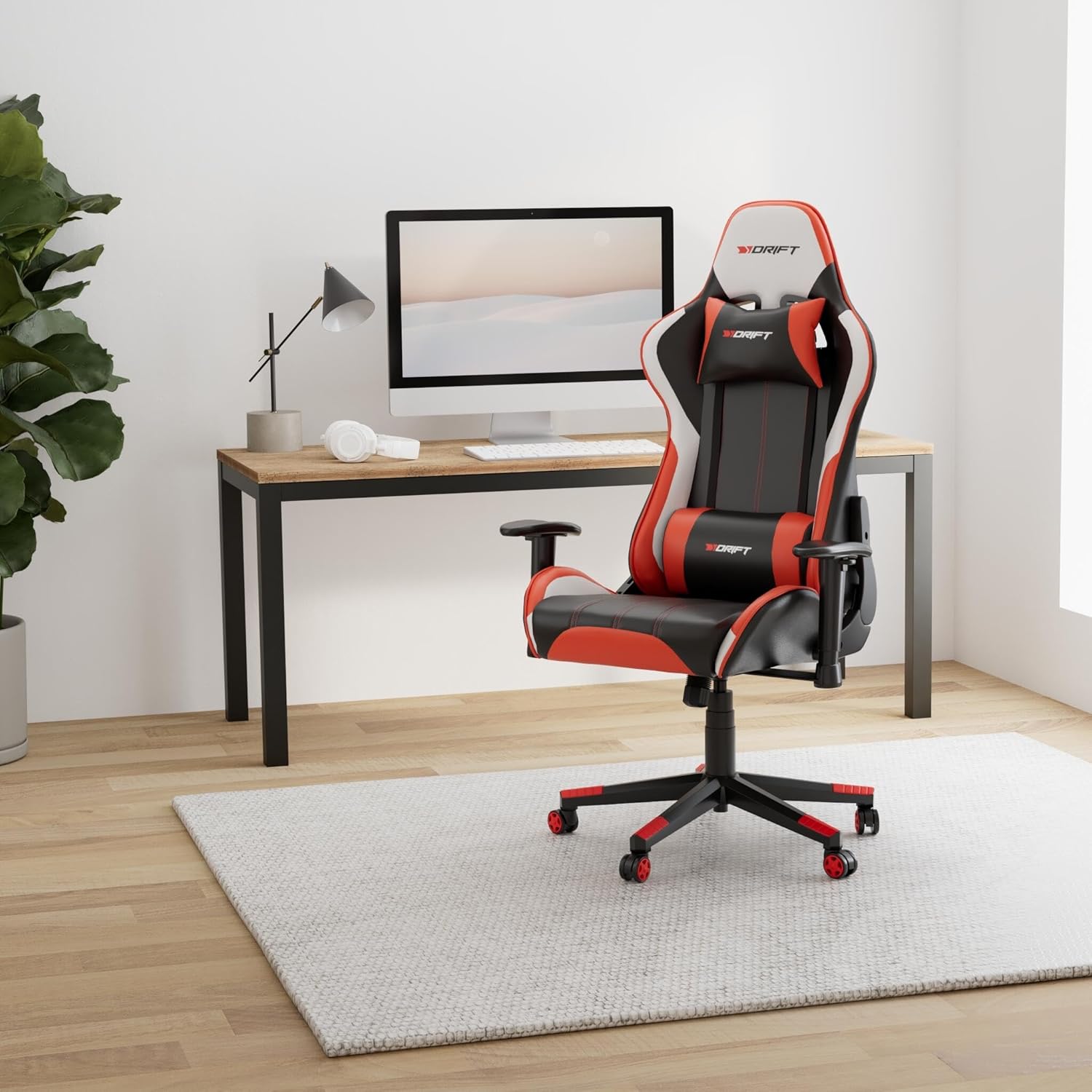 DRIFT GAMING DR175 - Cadeira Gaming profissional, couro sintético, apoio de braços ajustáveis 2D, pistão classe 4, giratória, mecanismo de borboleta, almofada lombar e cervical, cor preto/branco