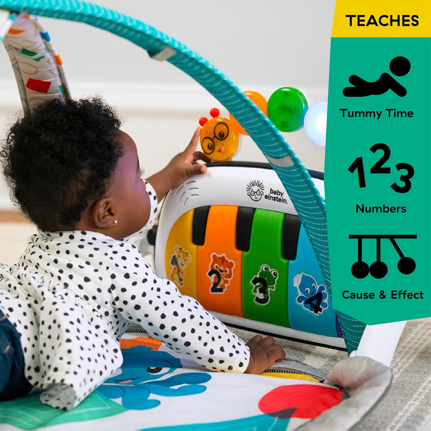 Baby Einstein, Gimansio de Actividades Musical para bebés 4en1 Kickin' Tunes con Piano, 70+ sonidos, 25+ min de música y luces, arco de juego, 7 juguetes extraíbles, 4 idiomas, desde recién nacido