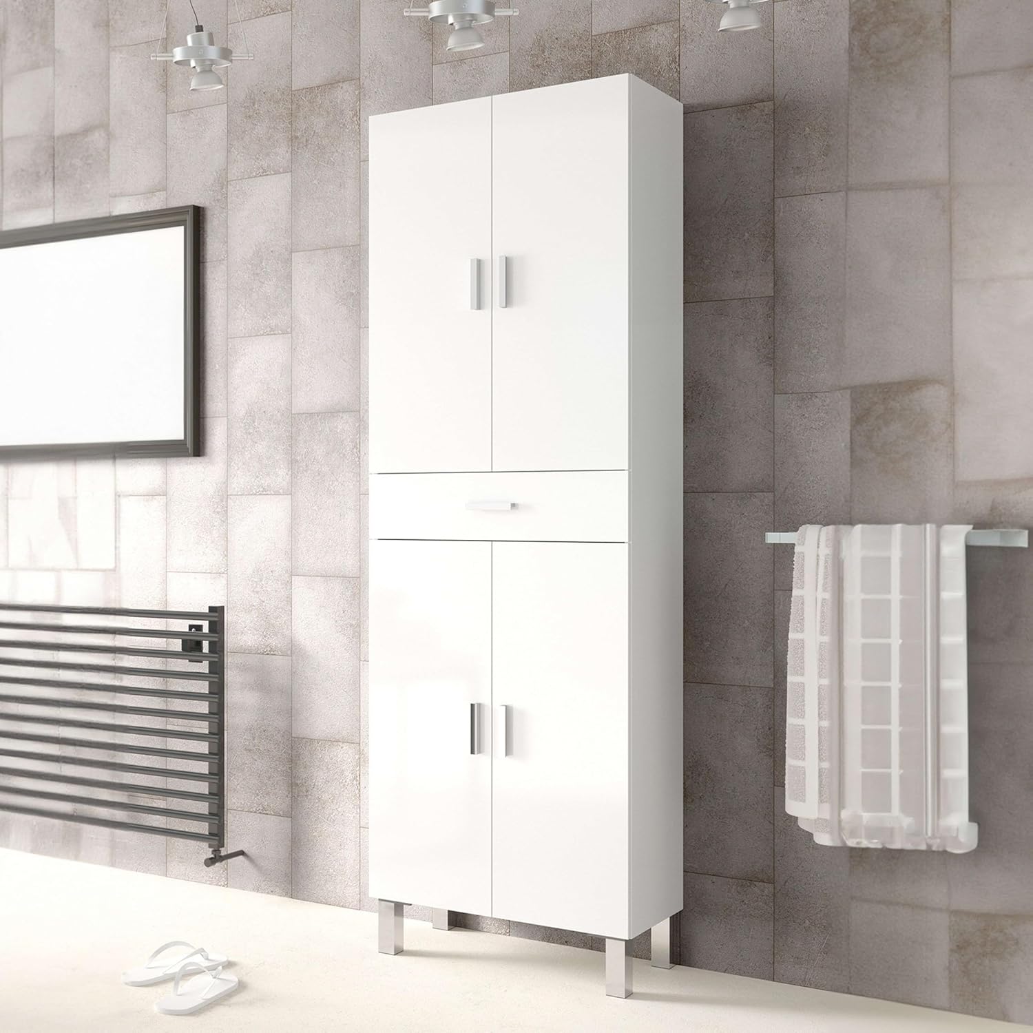 Habitdesign Coluna de casa de banho, armário de lavatório, 4 portas e 1 gaveta, modelo Aruba, acabamento em branco brilho, medidas: 60 cm (largura) x 182 cm (altura) x 29 cm (fundo), grande