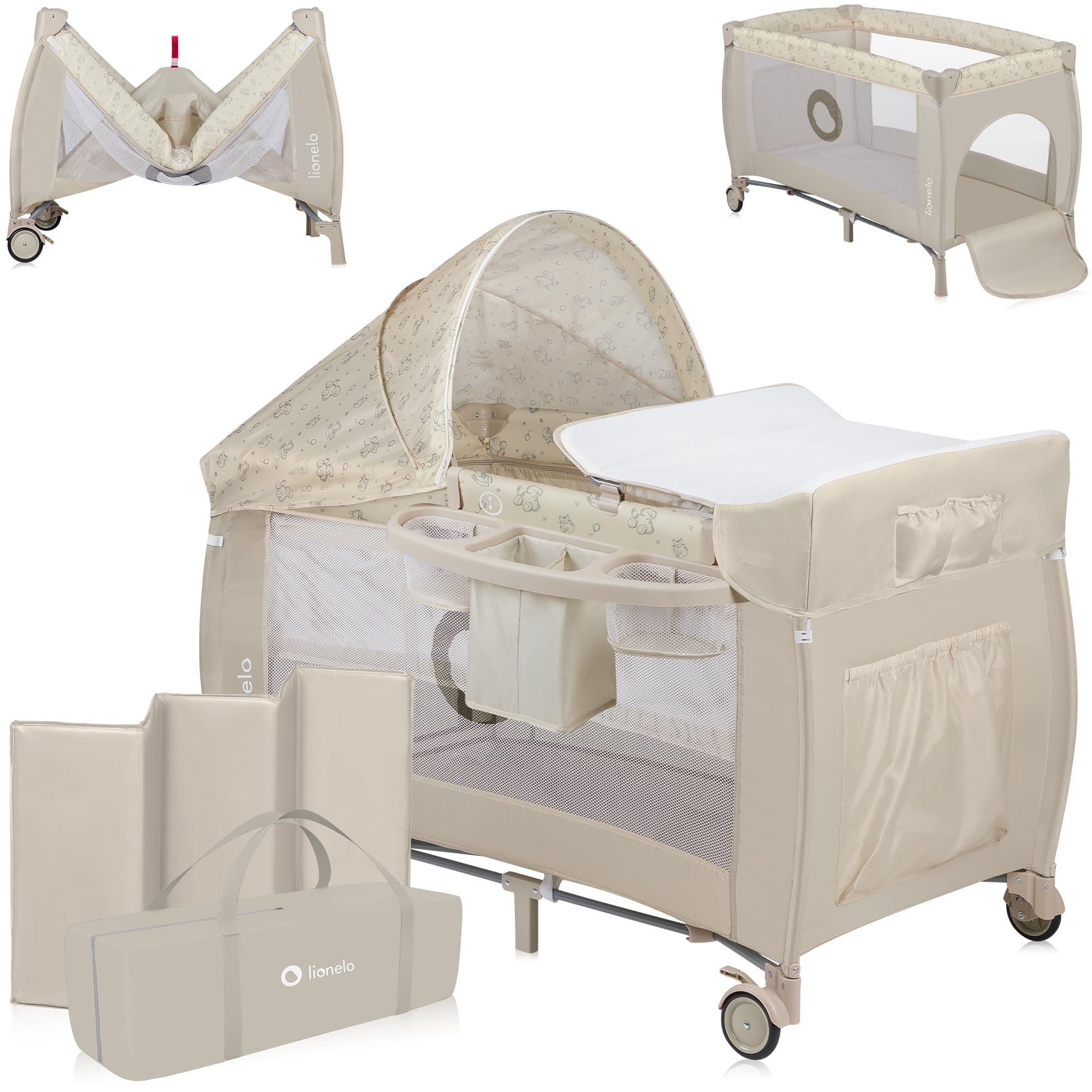 lionelo Sven Plus Berço de viagem para bebés 0-36 M para crianças até 15 kg função de trocador mosquiteira abertura lateral com fecho de correr ajuste de altura (cinzento)