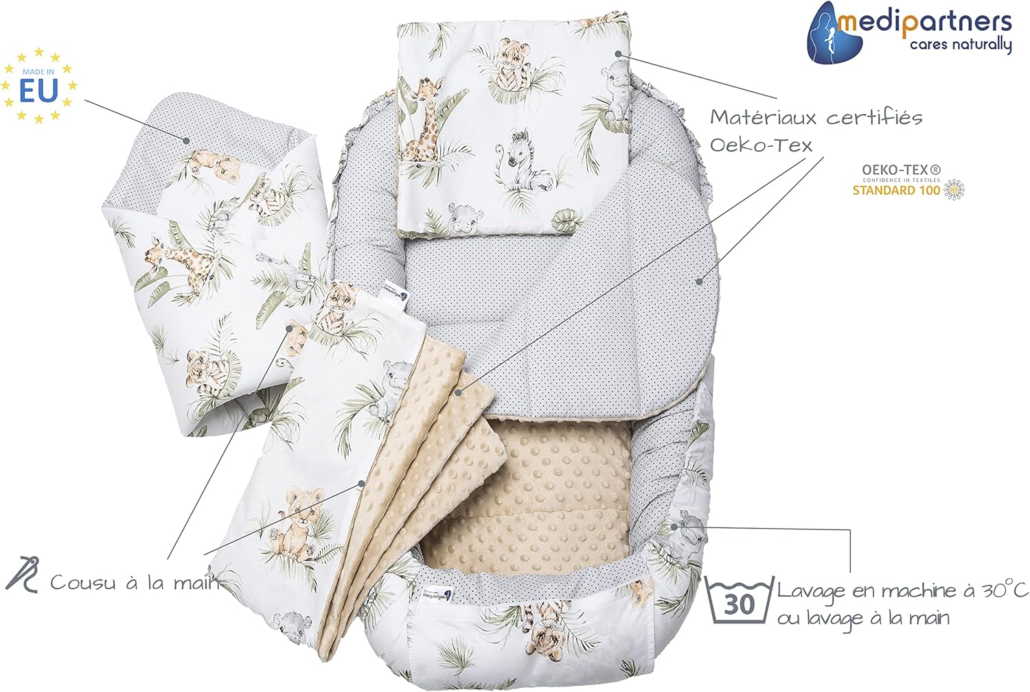 Medi Partners Ninho bebé recém-nascido redutor de berço, 100 x 60 x 15 conjunto de 5 peças bebés anticólicas bilateral portátil ou de viagem 100 % algodão (safari com Minky Bege)