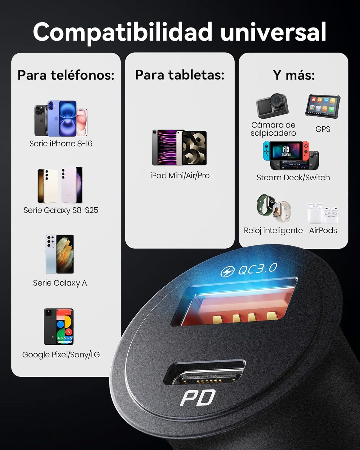 INIU Cargador Coche Carga Rápida, 60W Total [USB C 30W+USB A 30W] PD & QC3.0 Car Charger+[1m] 100W Cable, USB C Cargador Mechero Coche para Movil iPhone 16 15 14 Pro MAX iPad Samsung S25 Huawei LG