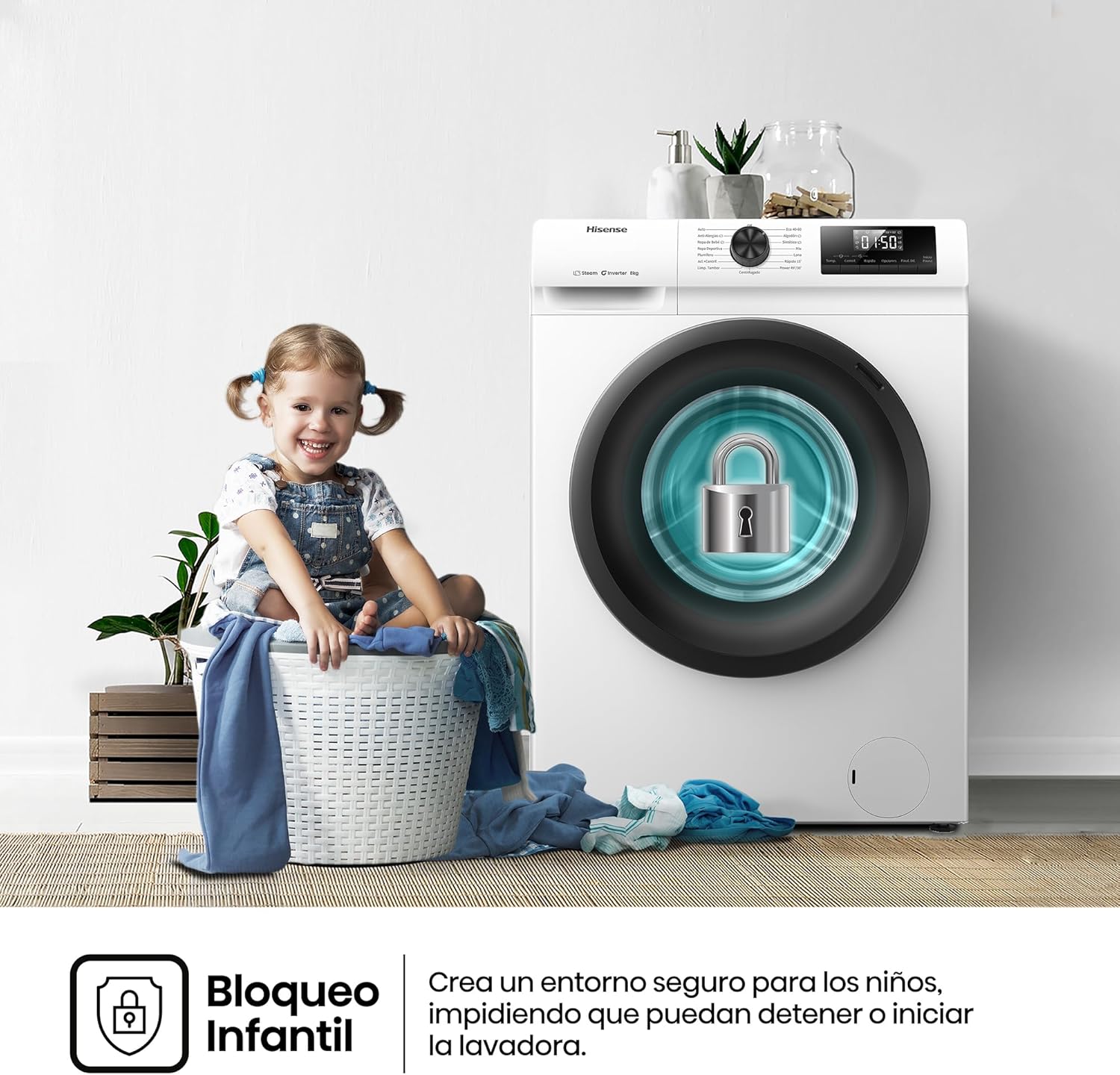 Hisense WF1Q8041BW2 - Máquina de lavar roupa, classe A, 8 kg, 1400 rpm, altura 85 cm x largura 60 cm, branco, função de vapor 99,9%, lavagem rápida, lavagem automática, conclusão diferida, Tecnologia