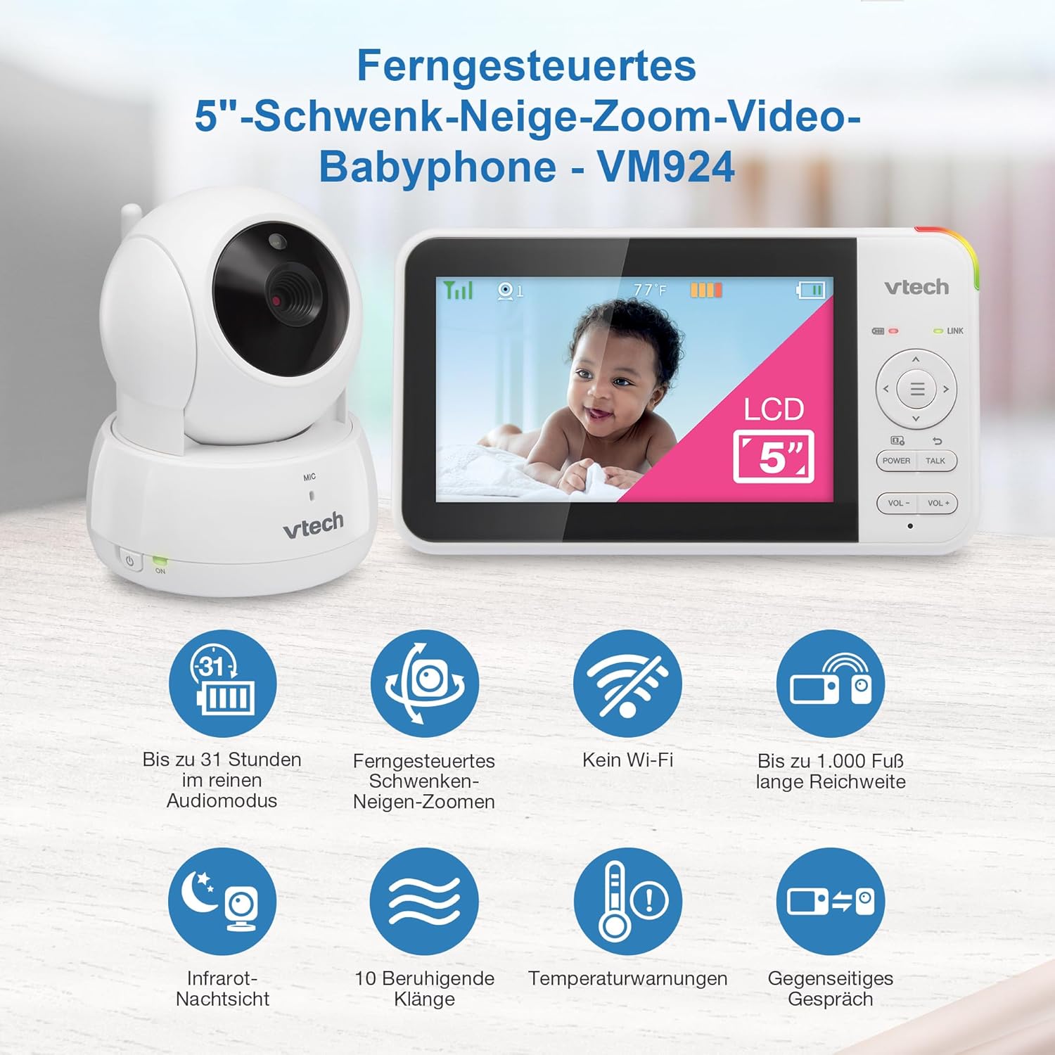 VTech VM924 Câmara de vigilância para bebé, 2600 mAh monitor de bebé com câmara de vigilância para bebés monitor sem fios de vídeo com LCD de 5" inteligente VOX visão noturna