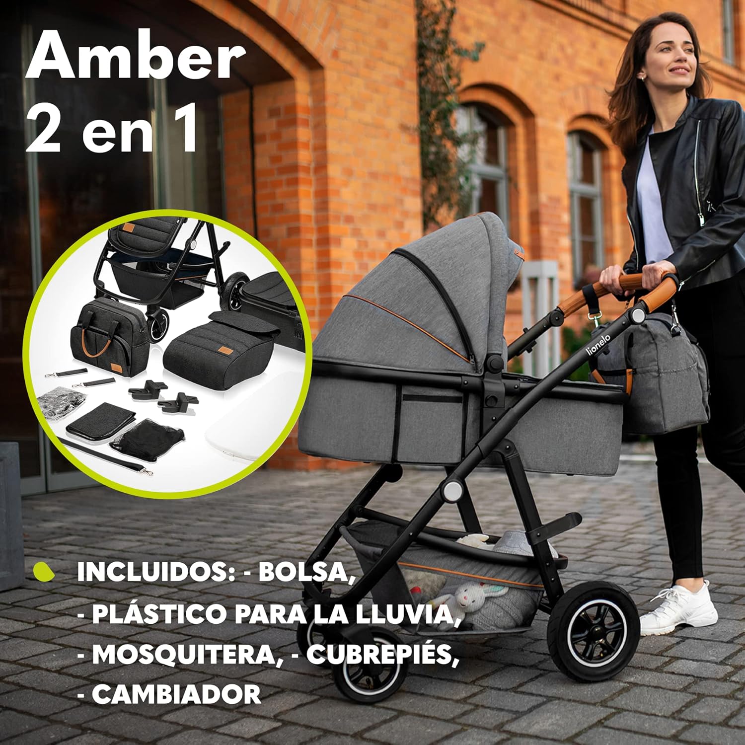LIONELO Amber Carro de bebé multifuncional 2 em 1 conjunto carrinho de passeio com assento de cubo e tampa guiador ajustável bolsa mosquiteira protetor de chuva
