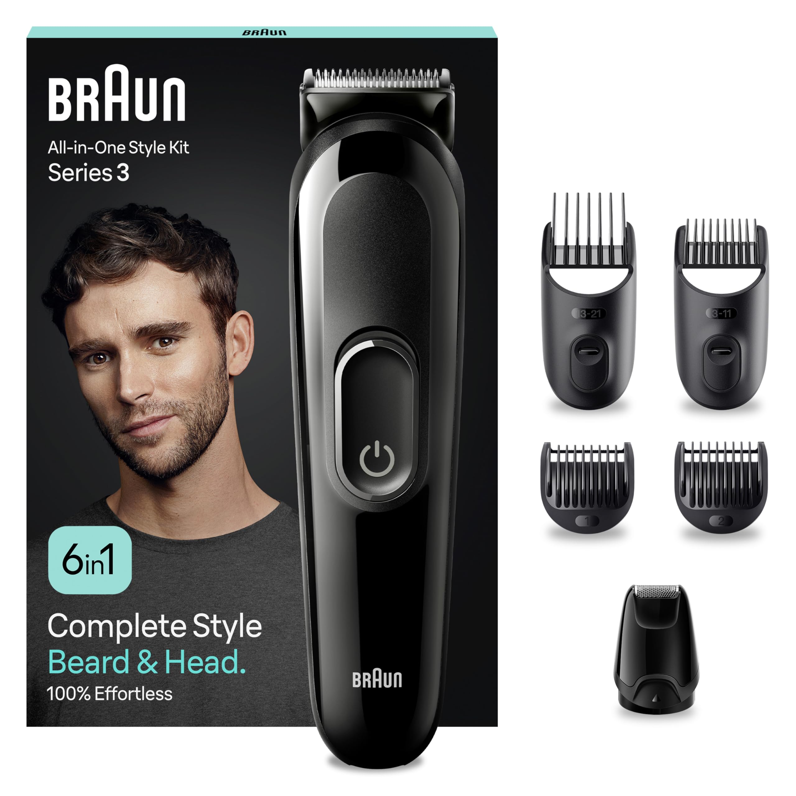 Braun Aparador tudo em um série 3 AIO3545, kit de Styling 8 em 1 para barba e cabelo, 14 comprimentos, máquina de cortar cabelo com 50 min de automonomia, corta-pelos homem, corte fácil e rápido,
