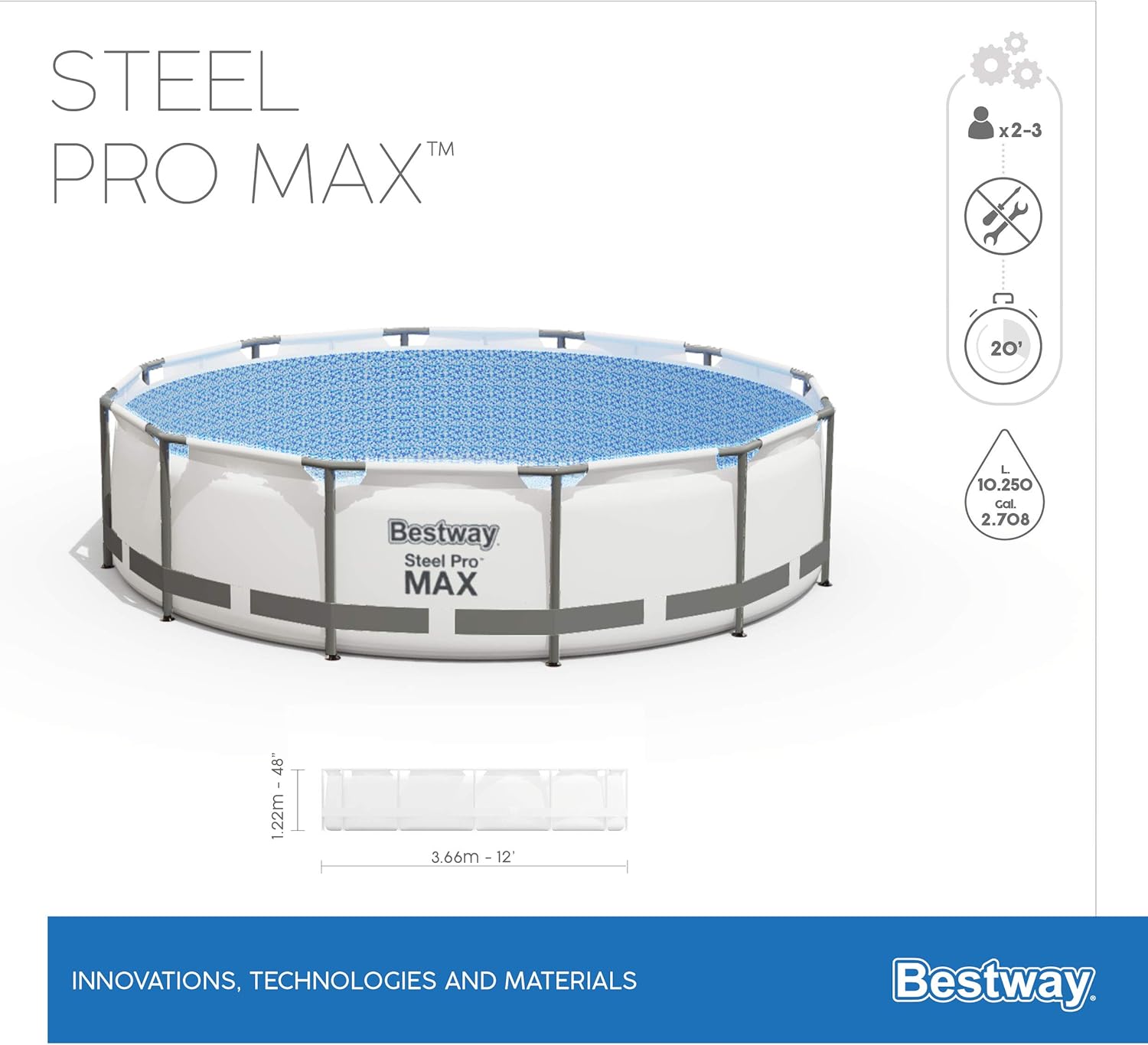Bestway Steel Pro MAX Frame - Piscina Completa con Bomba de Filtro (diámetro 366 x 122 cm), Color Gris Claro