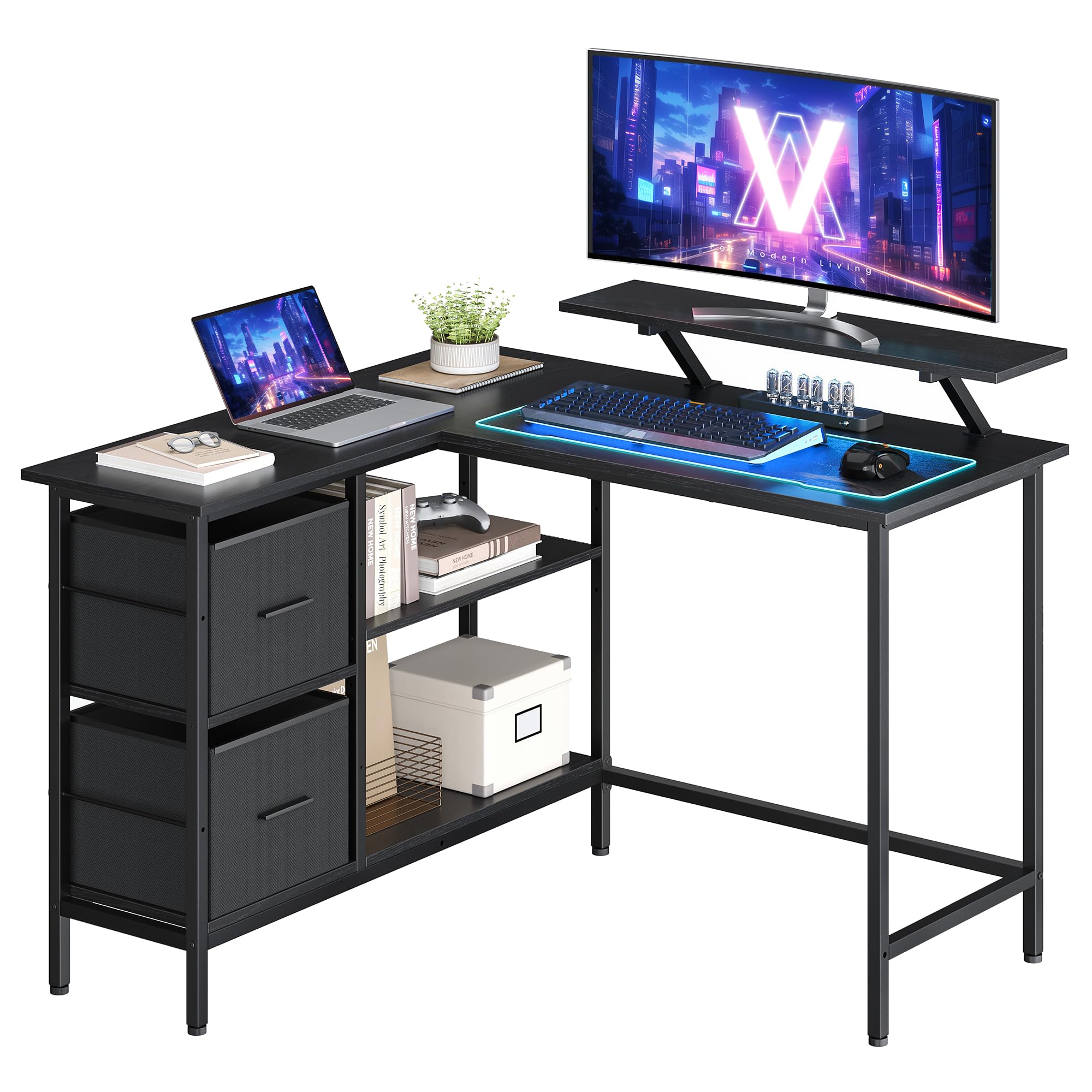 VASAGLE Escritorio en Forma de L, Esquinero, con 2 Amplios Cajones, Mesa con Soporte para Monitor, para Esquina, con Estante Ajustable, para Oficina Casa, Blanco Arce LWD097W01